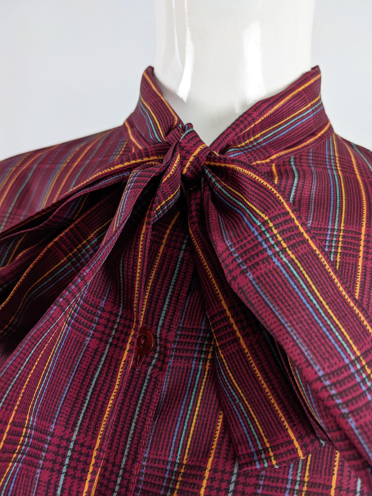 Aquascutum Vintage Dark Pink Checked Pussy Bow Blouse, 1980s