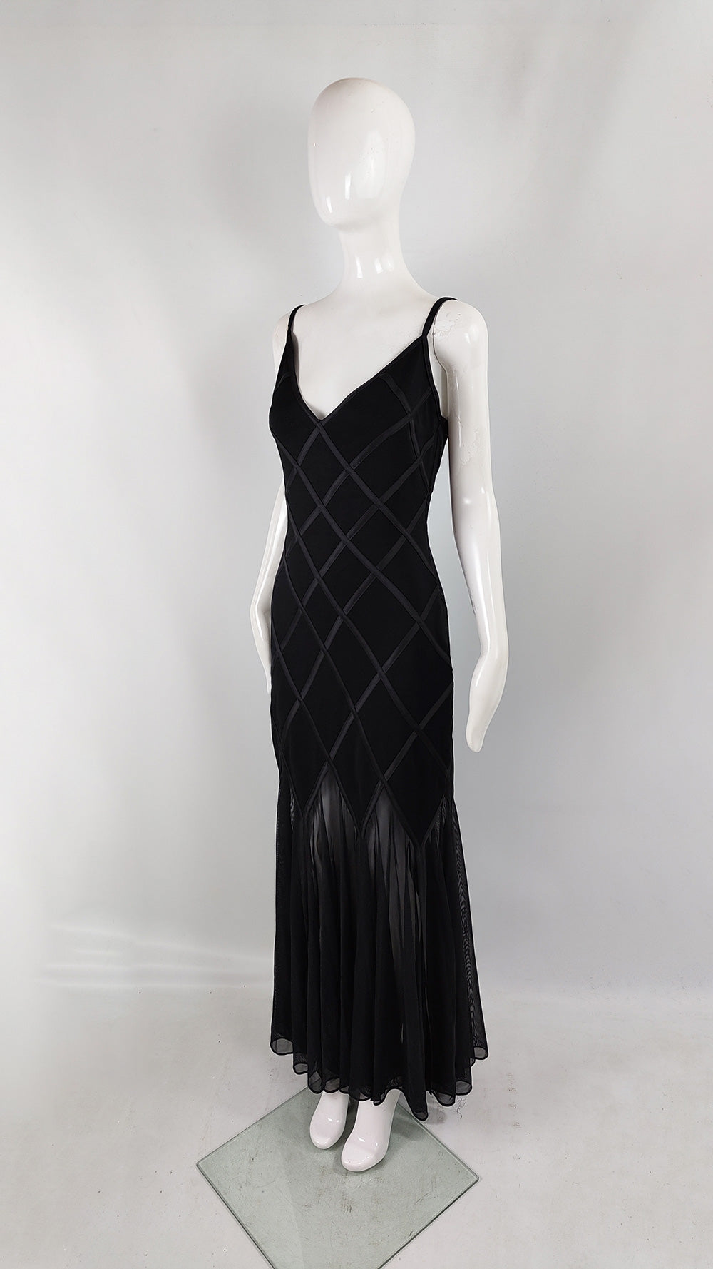 Tadashi Vintage Womens Black Sheer Mesh Evening Gown Dress, 1990s