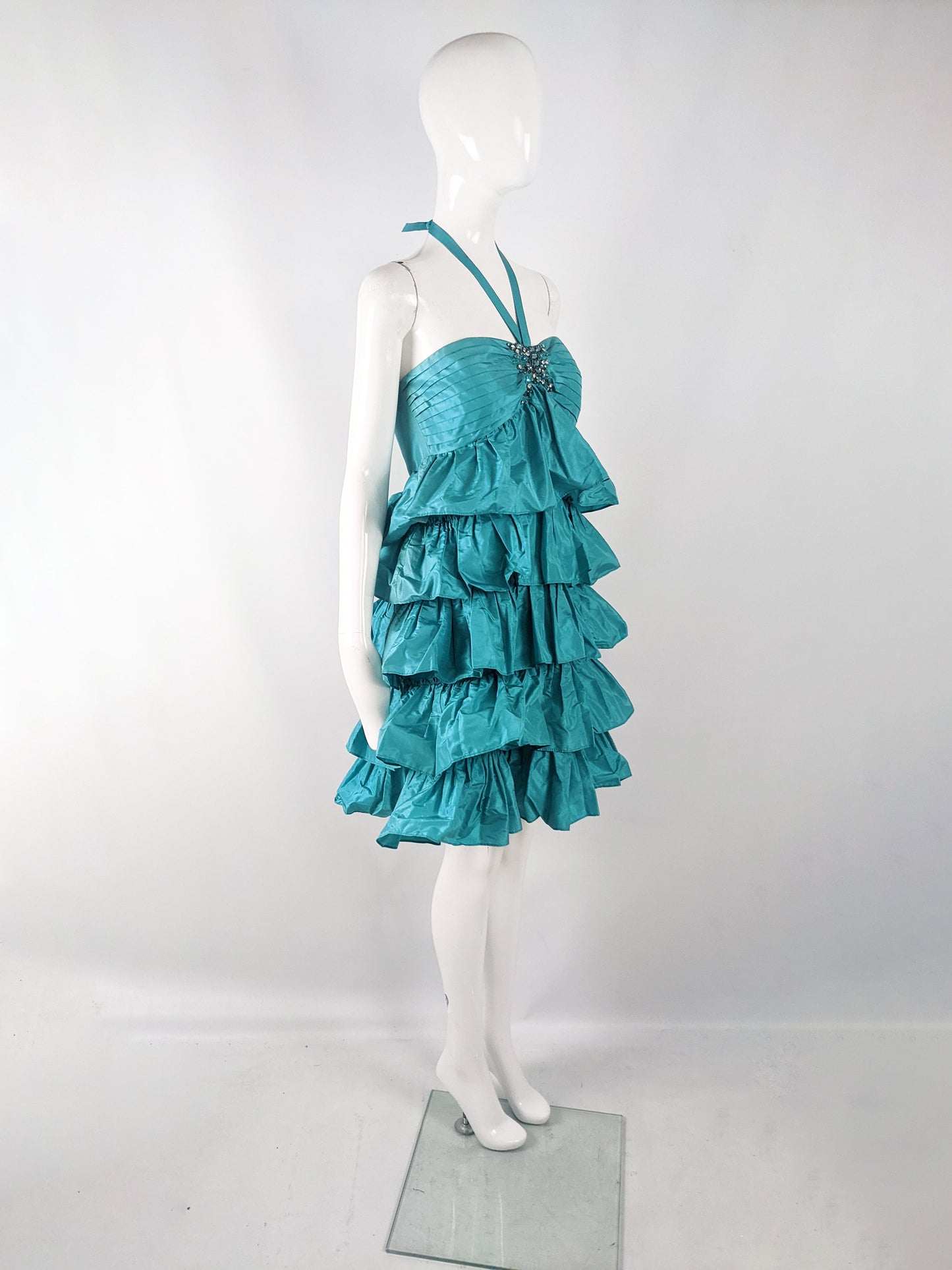Blumarine Blugirl Vintage y2k Teal Silk Taffeta Ruffled Dress, 2000s