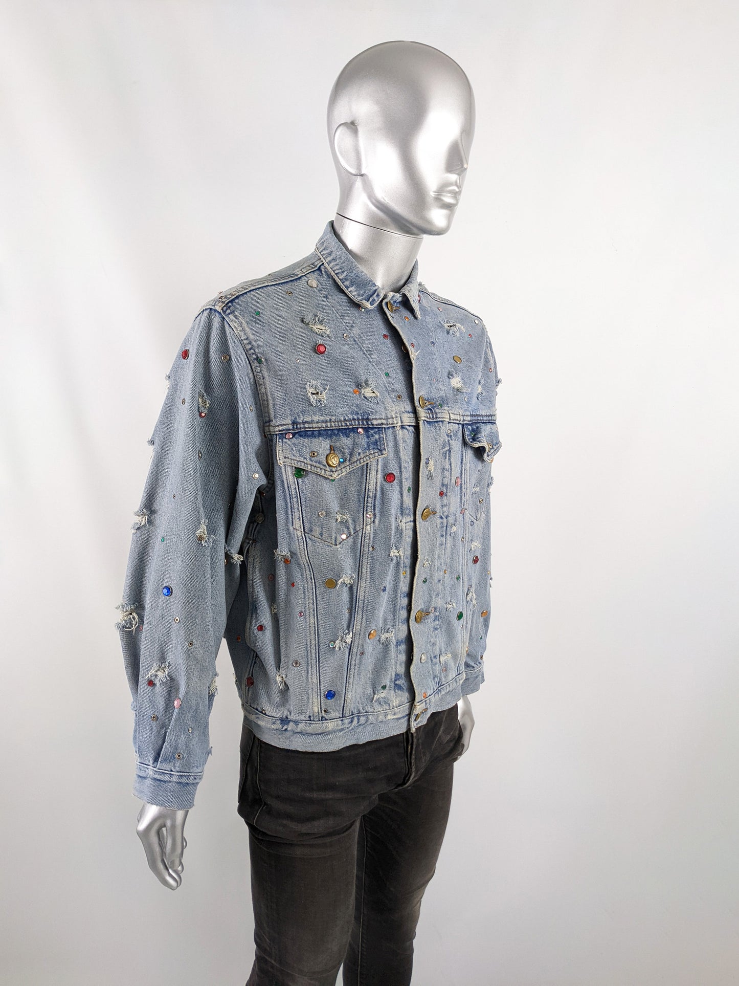 Vintage Mens Blue Denim Studded & Beaded Jacket, 1980s