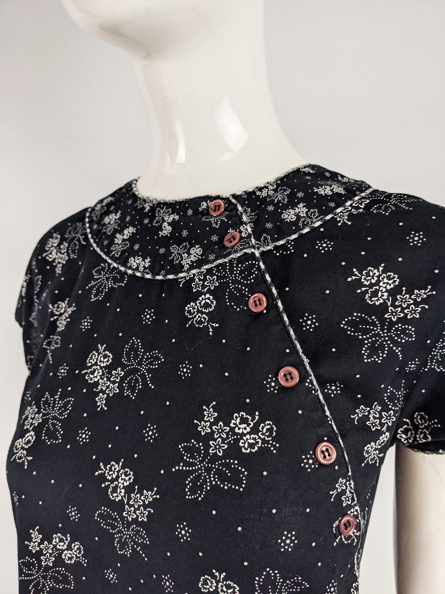 Kenzo Vintage Black & White Asian Floral Drop Waist Dress, 1980s