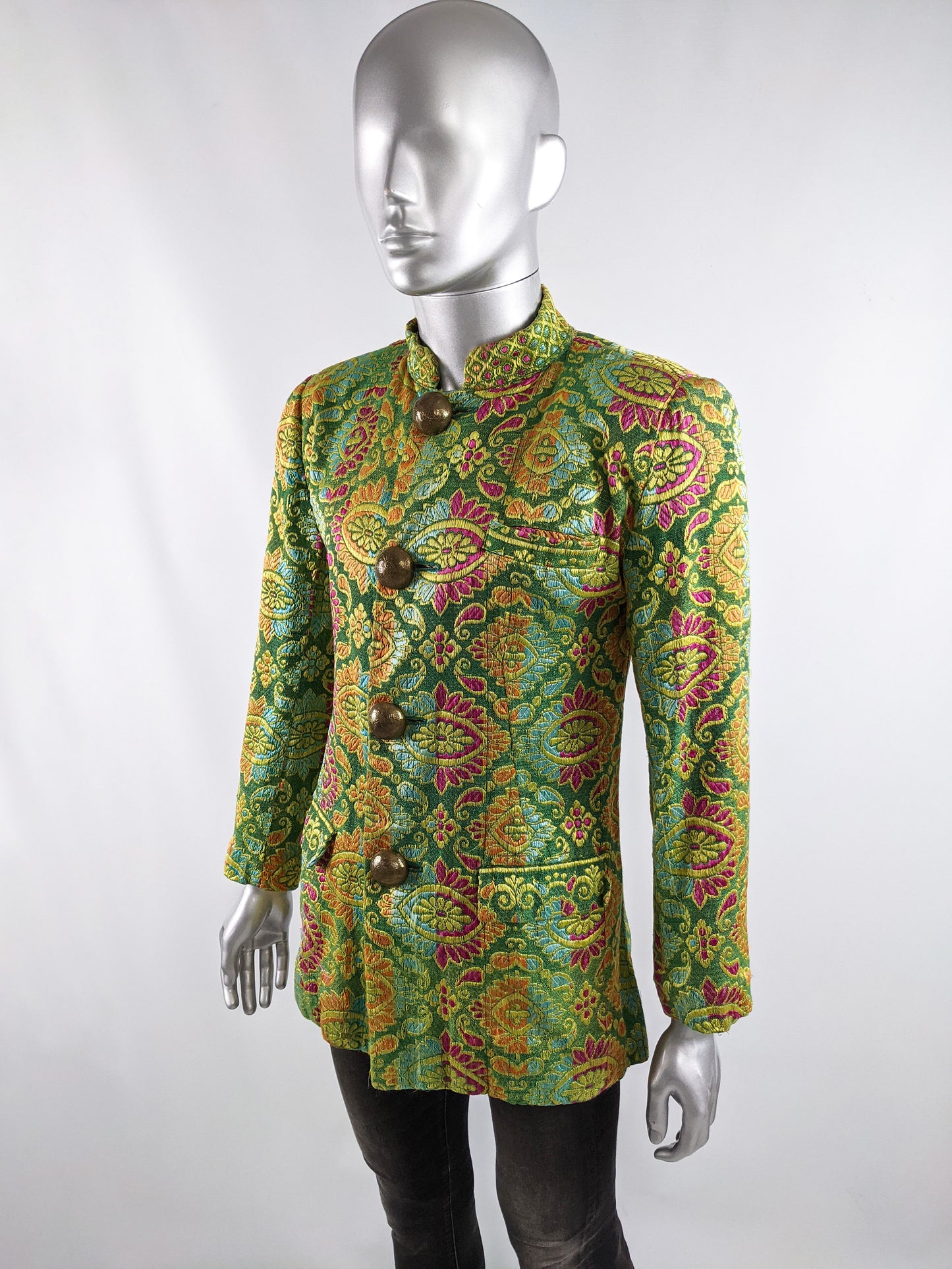 Vintage Mens Green Satin Jacquard Nehru Collar Jacket, 1980s