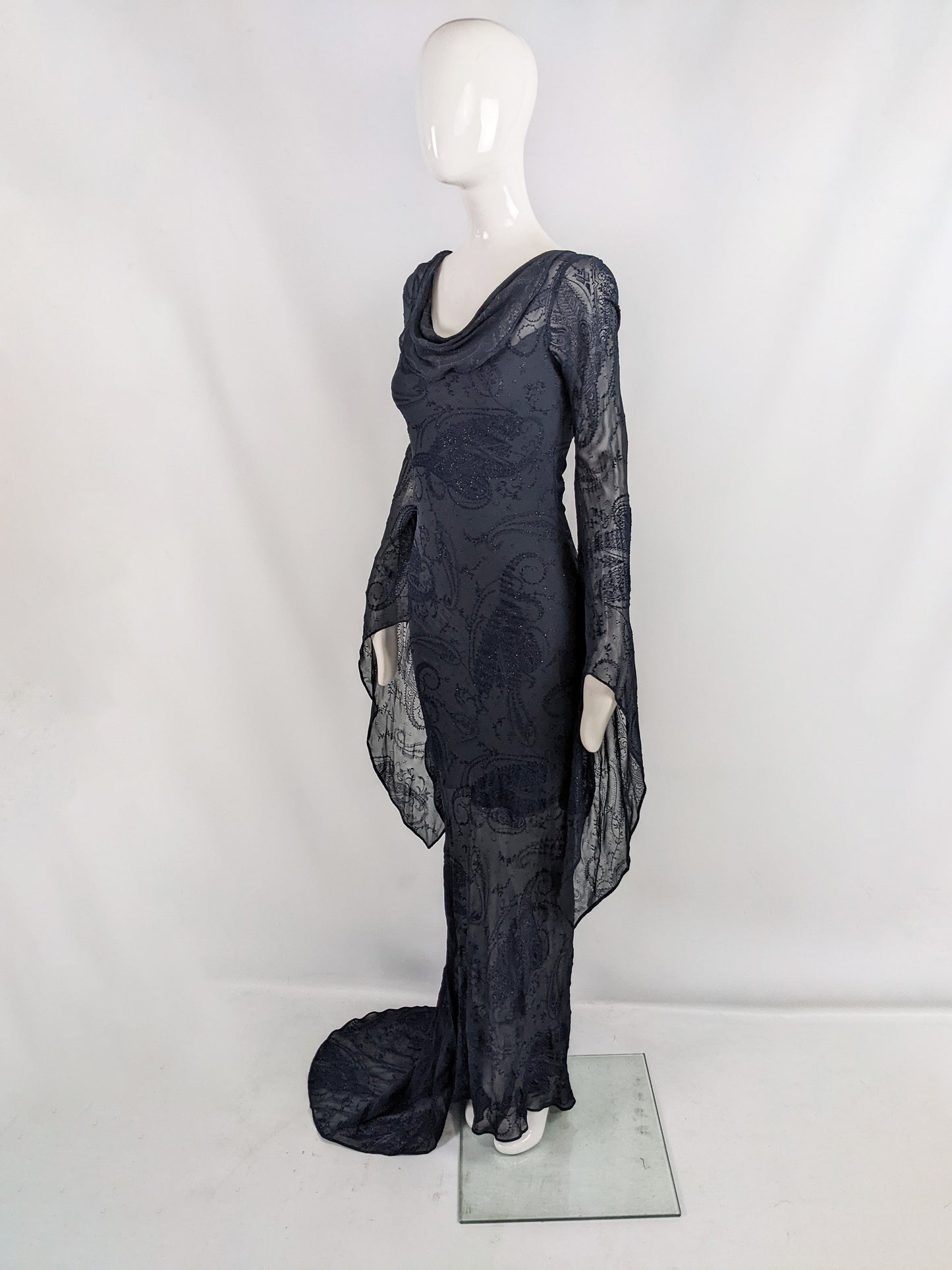Ronit Zilkha Vintage Midnight Blue Silk Devore Witchy Dress, 2000s