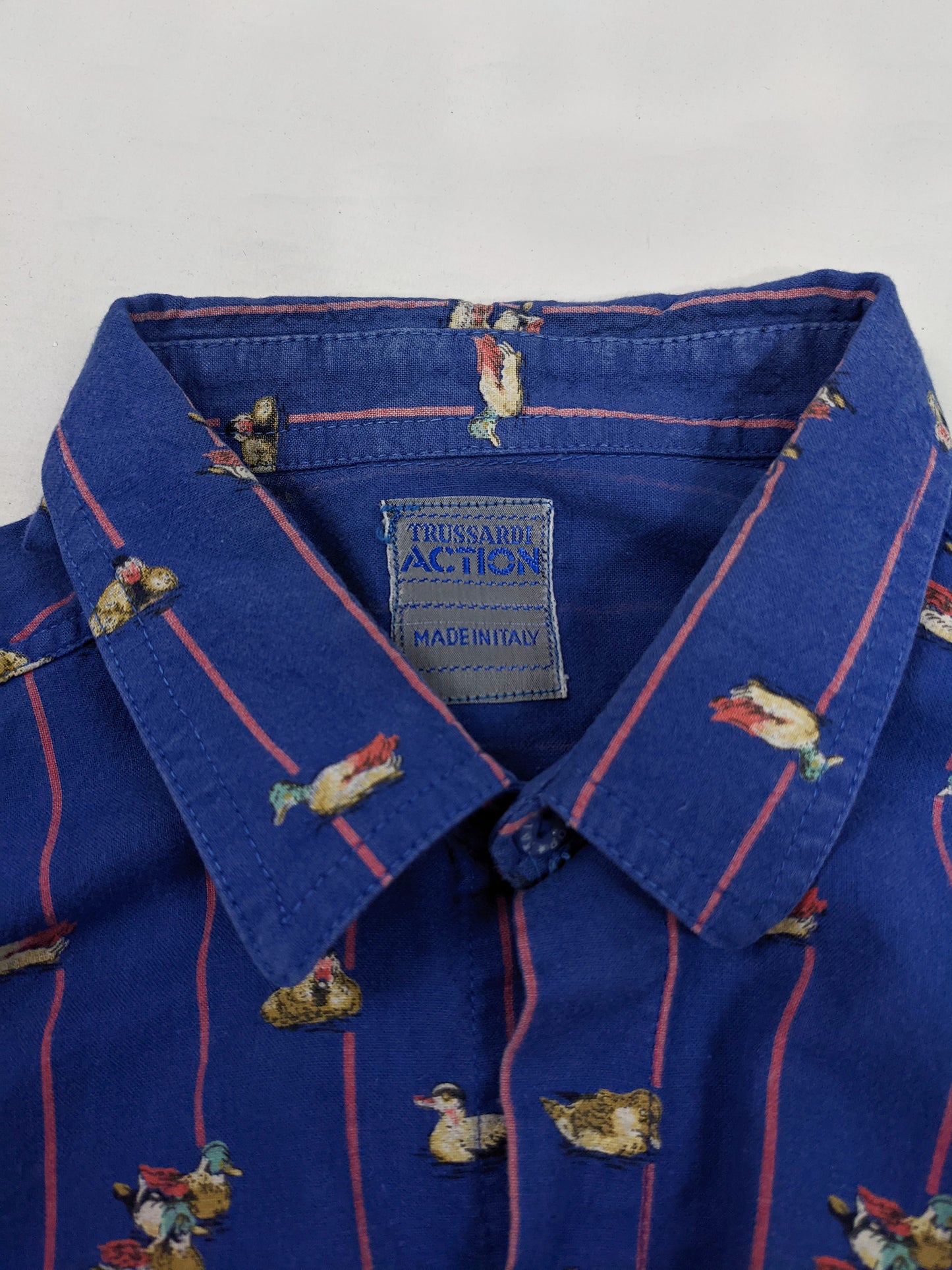 Trussardi Vintage Mens Long Sleeve Blue Duck Print Shirt, 1990s