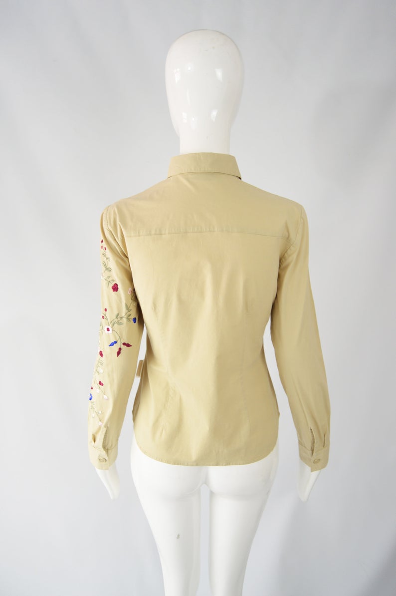 Womens Floral Embroidered Khaki Shirt, 1990s