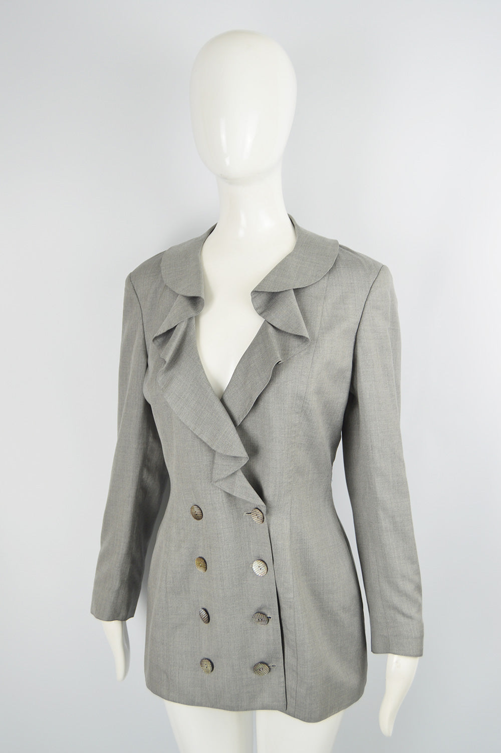 Vintage Grey Ruffled Collar Blazer Jacket, 1980s