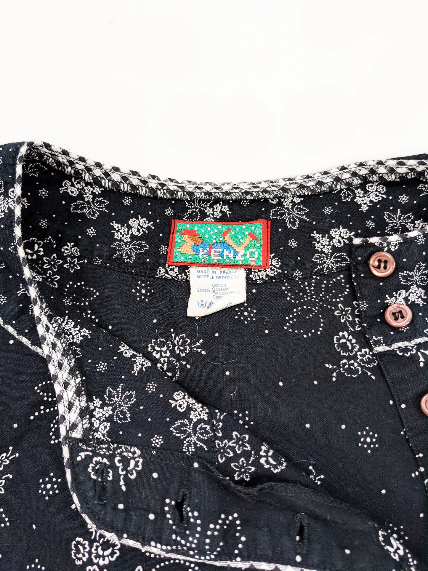 Kenzo Vintage Black & White Asian Floral Drop Waist Dress, 1980s