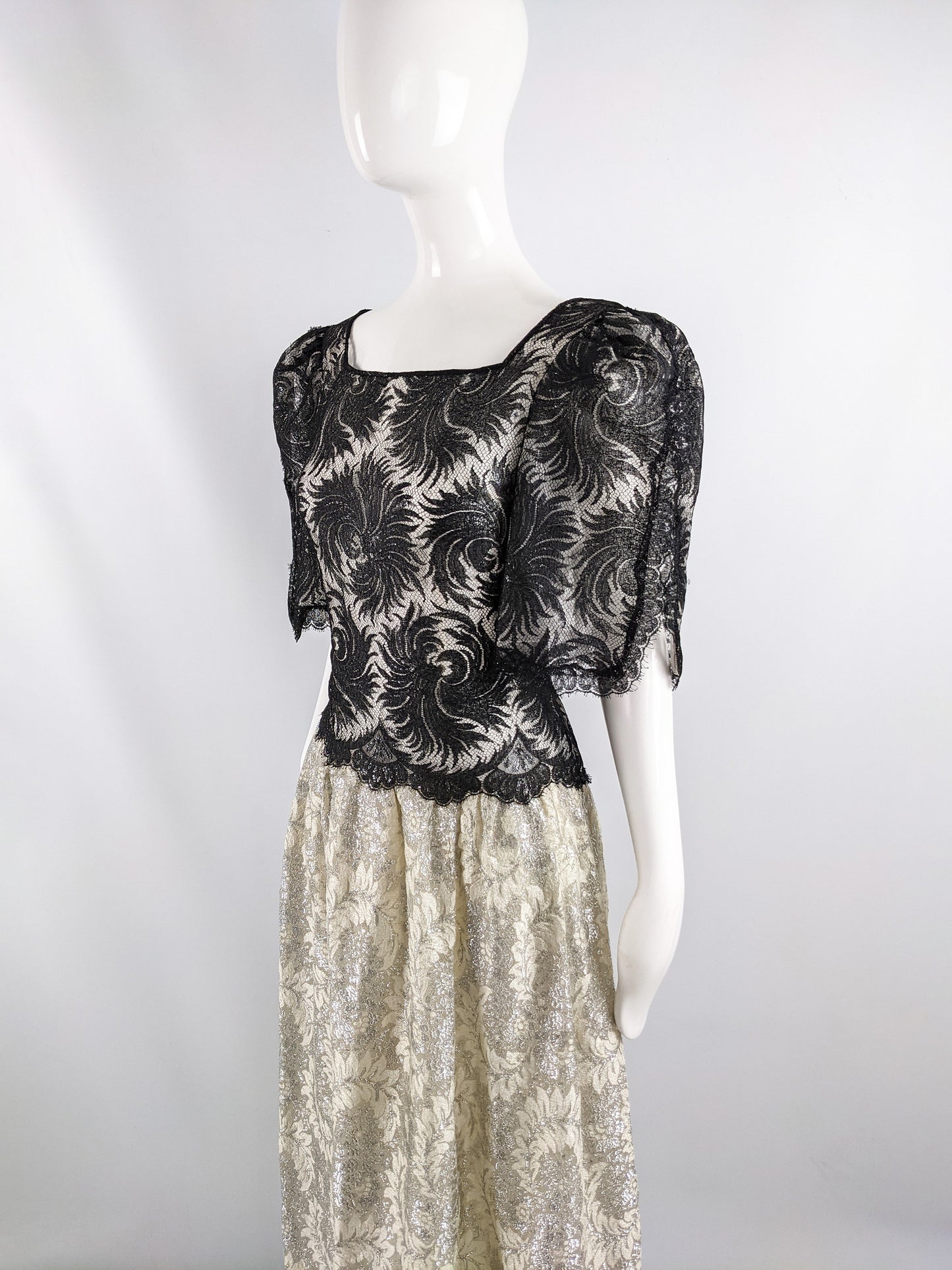 Vintage Sheer Black & Gold Lace Evening Dress, 1980s