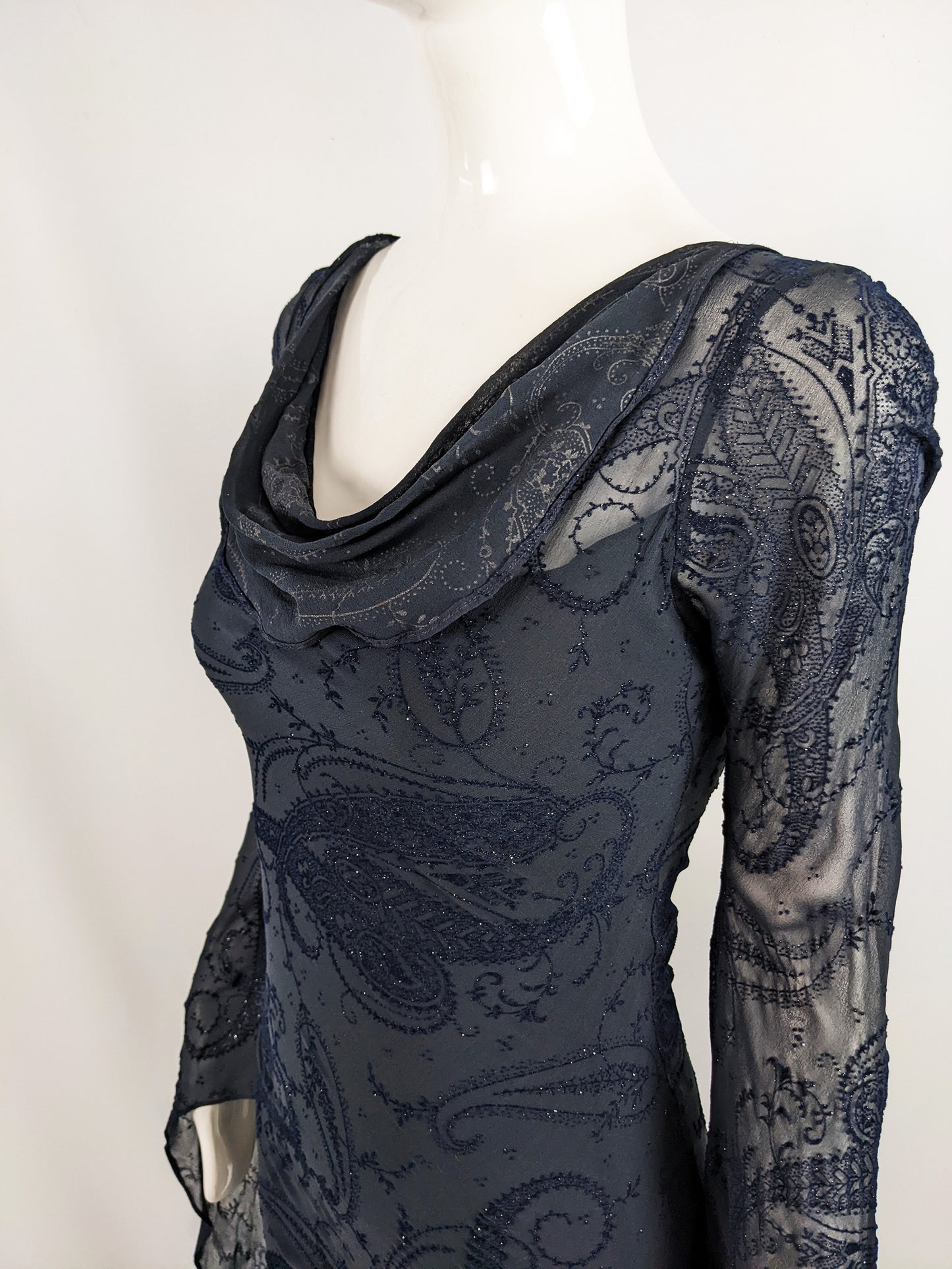 Ronit Zilkha Vintage Midnight Blue Silk Devore Witchy Dress, 2000s