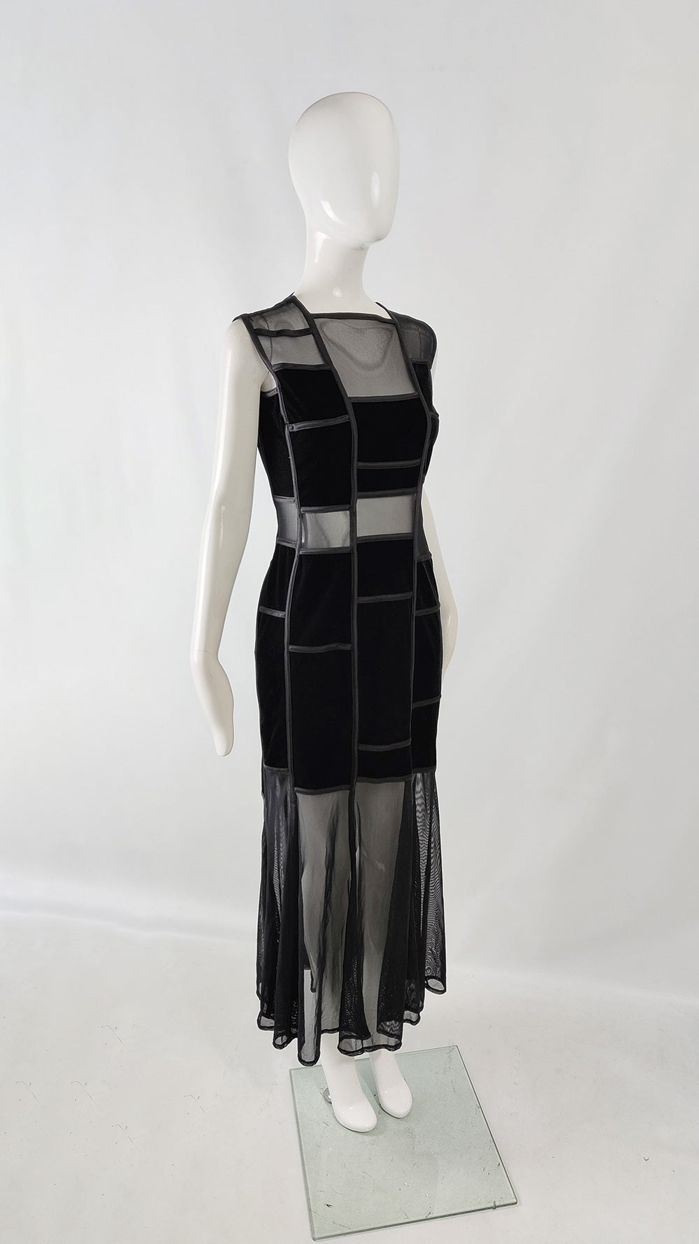 Tadashi Vintage Black Velvet & Sheer Mesh Evening Dress, 1990s