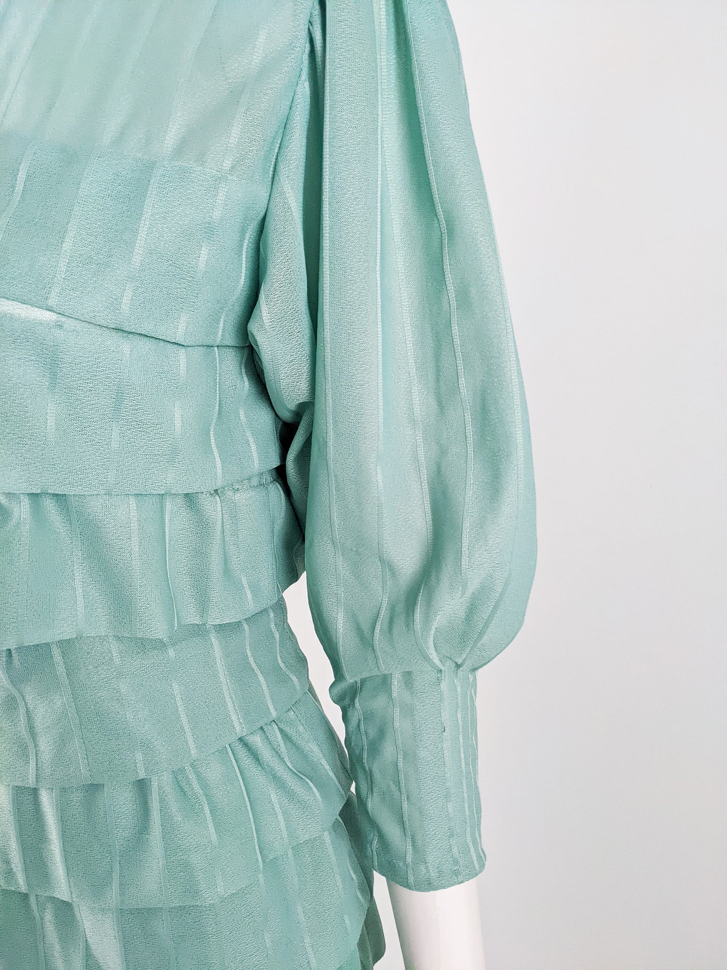 Vintage Mint Tiered Puff Sleeve Dress, 1970s