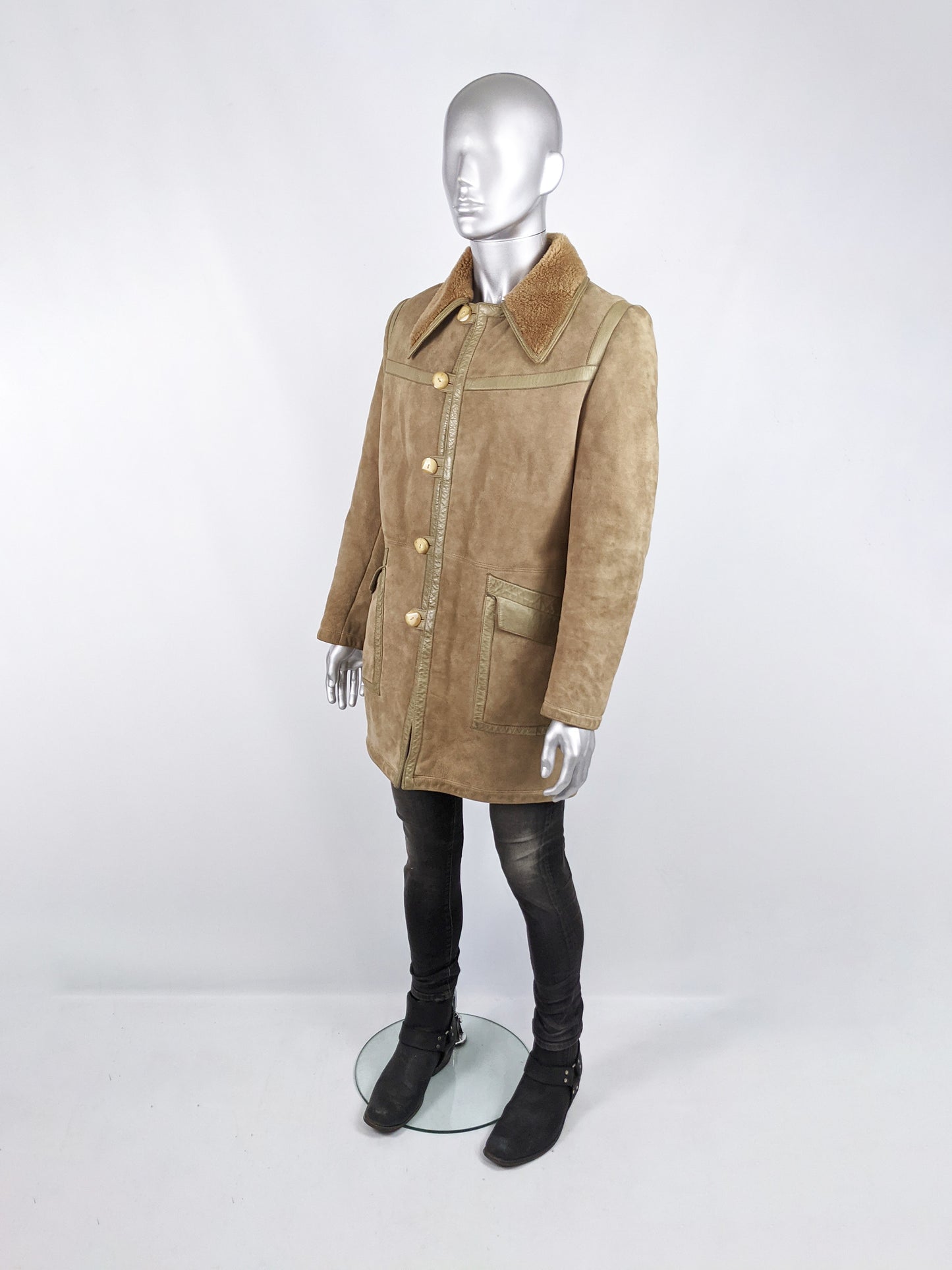 Mens Vintage Leather Trim Sheepskin & Shearling Coat, 1970s
