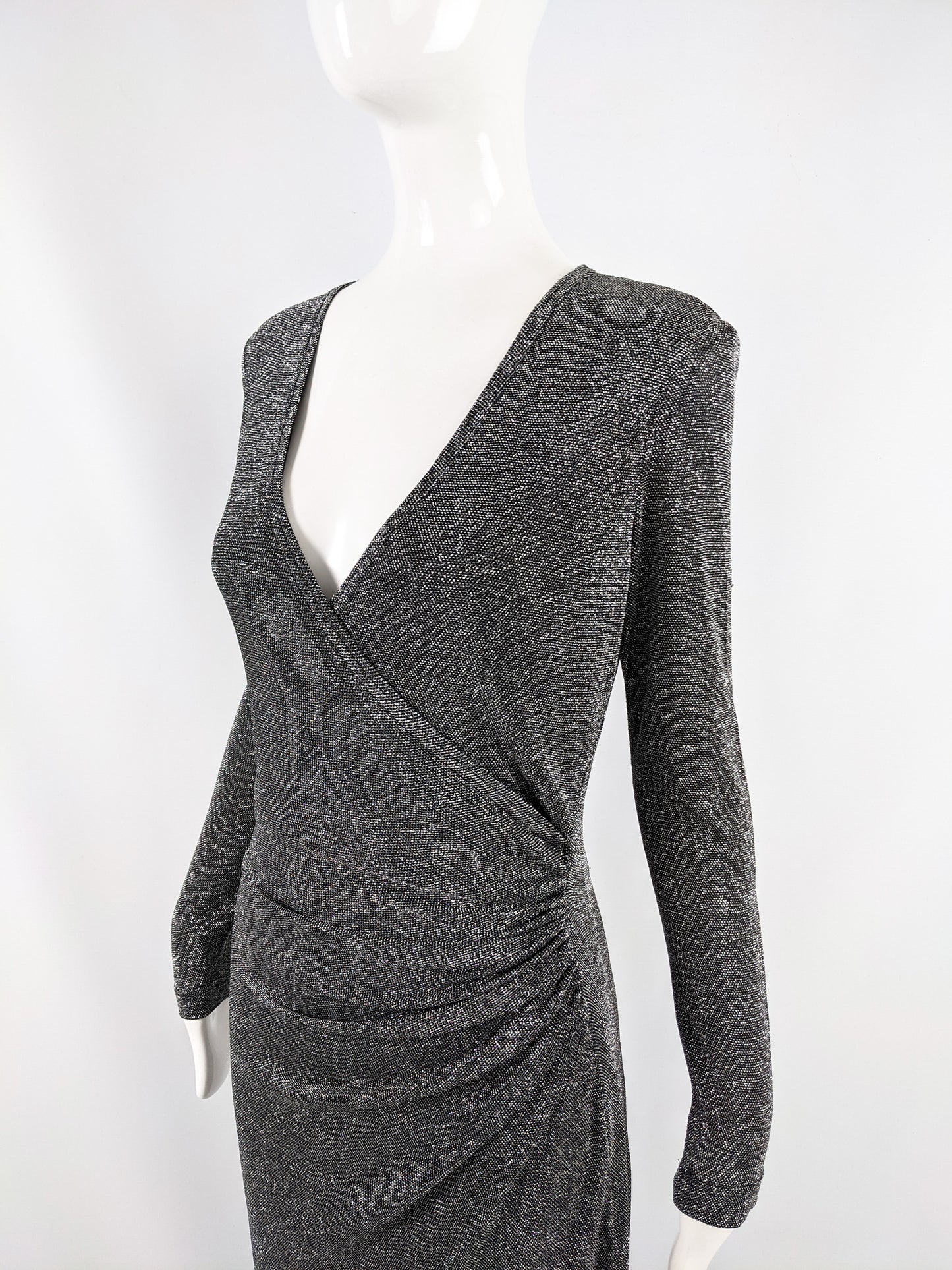 Vintage Silver Lurex Plunging Neckline Evening Gown, 1990s