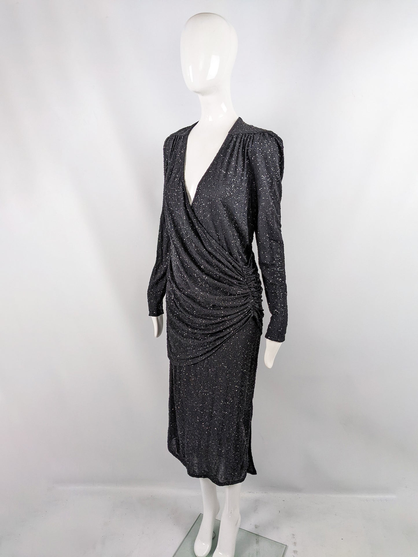 Frank Usher Vintage Black Sequin Glitter Effect Evening Dress, 1980s