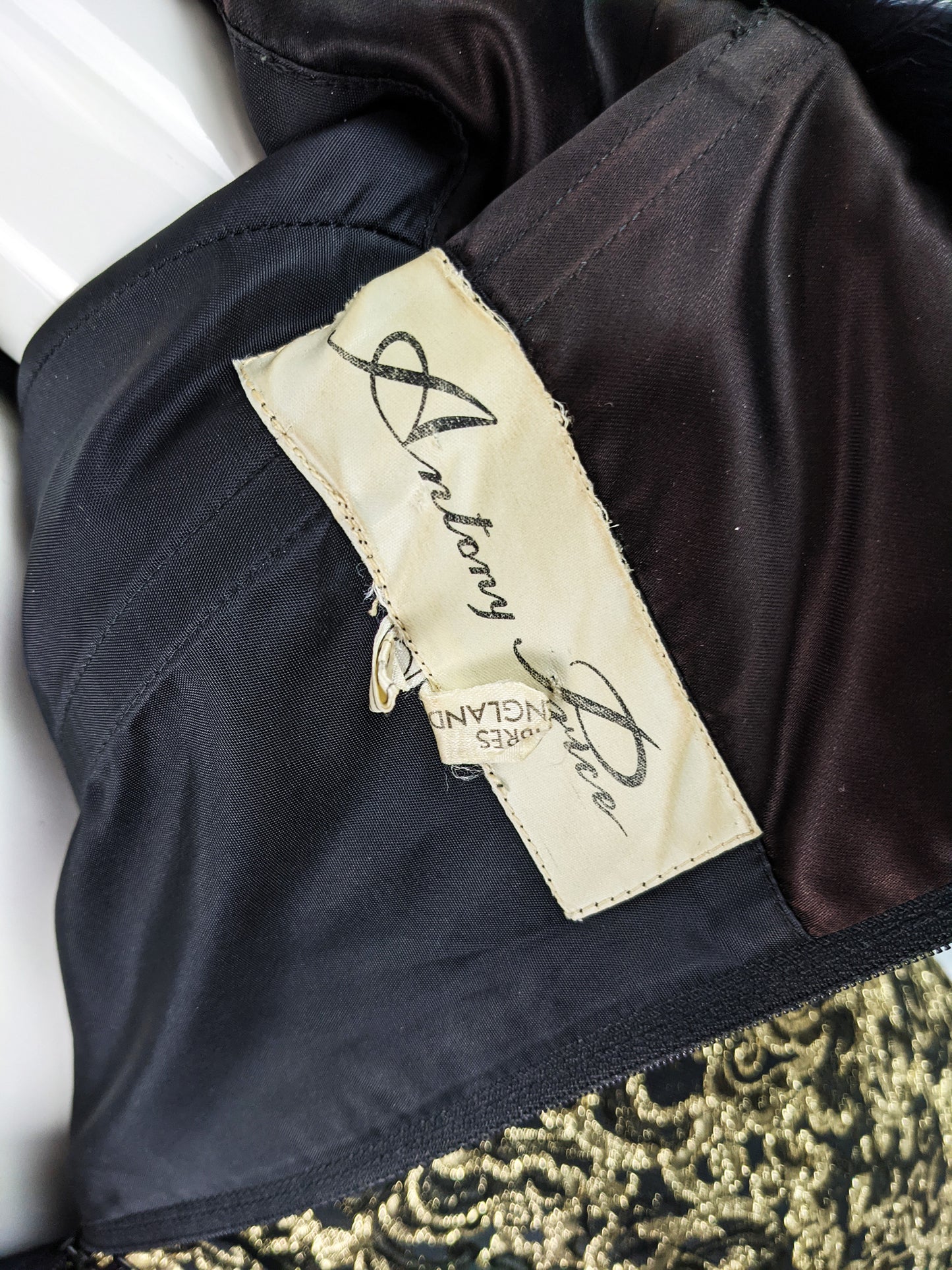 Vintage Gold Brocade Feather Trim Wiggle Party Dress, 1980s