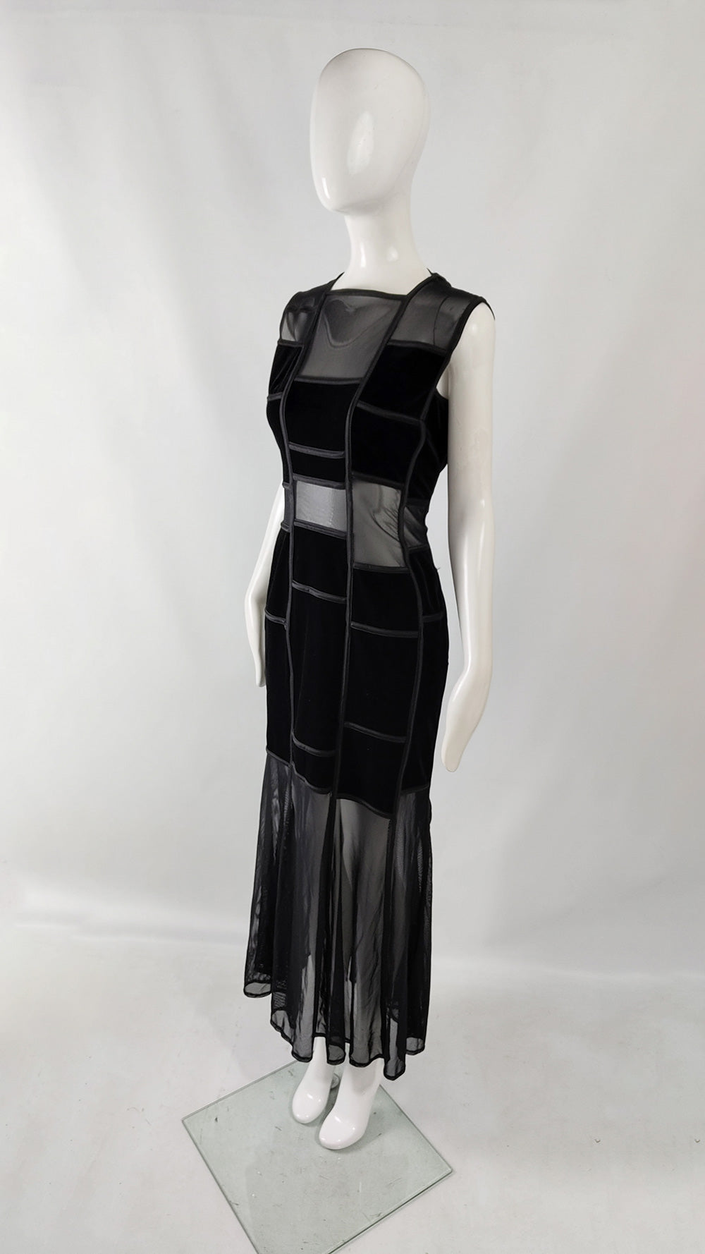 Tadashi Vintage Black Velvet & Sheer Mesh Evening Dress, 1990s