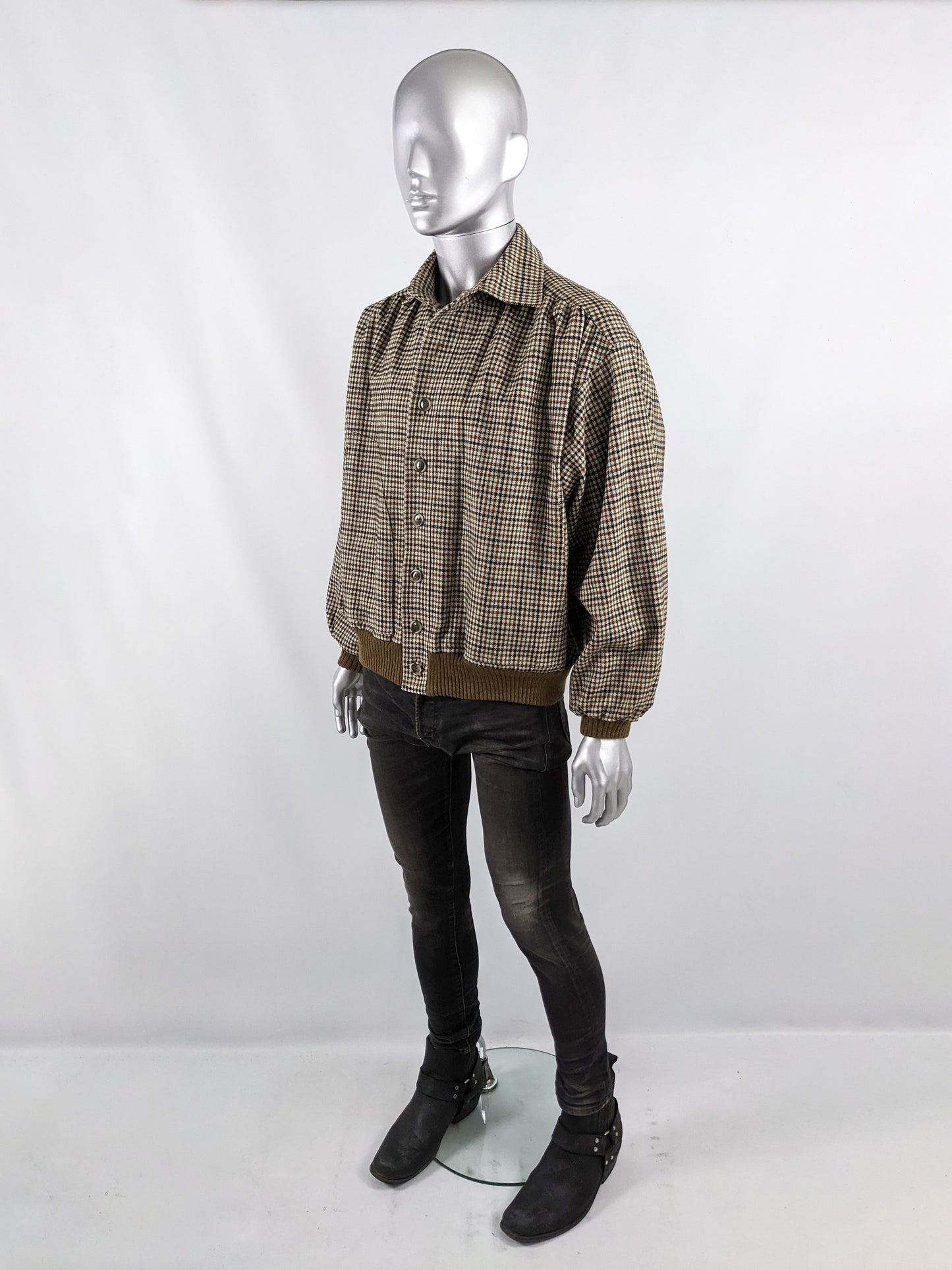 Mens Vintage Wool Houndstooth Collared Blouson Jacket, 1970s