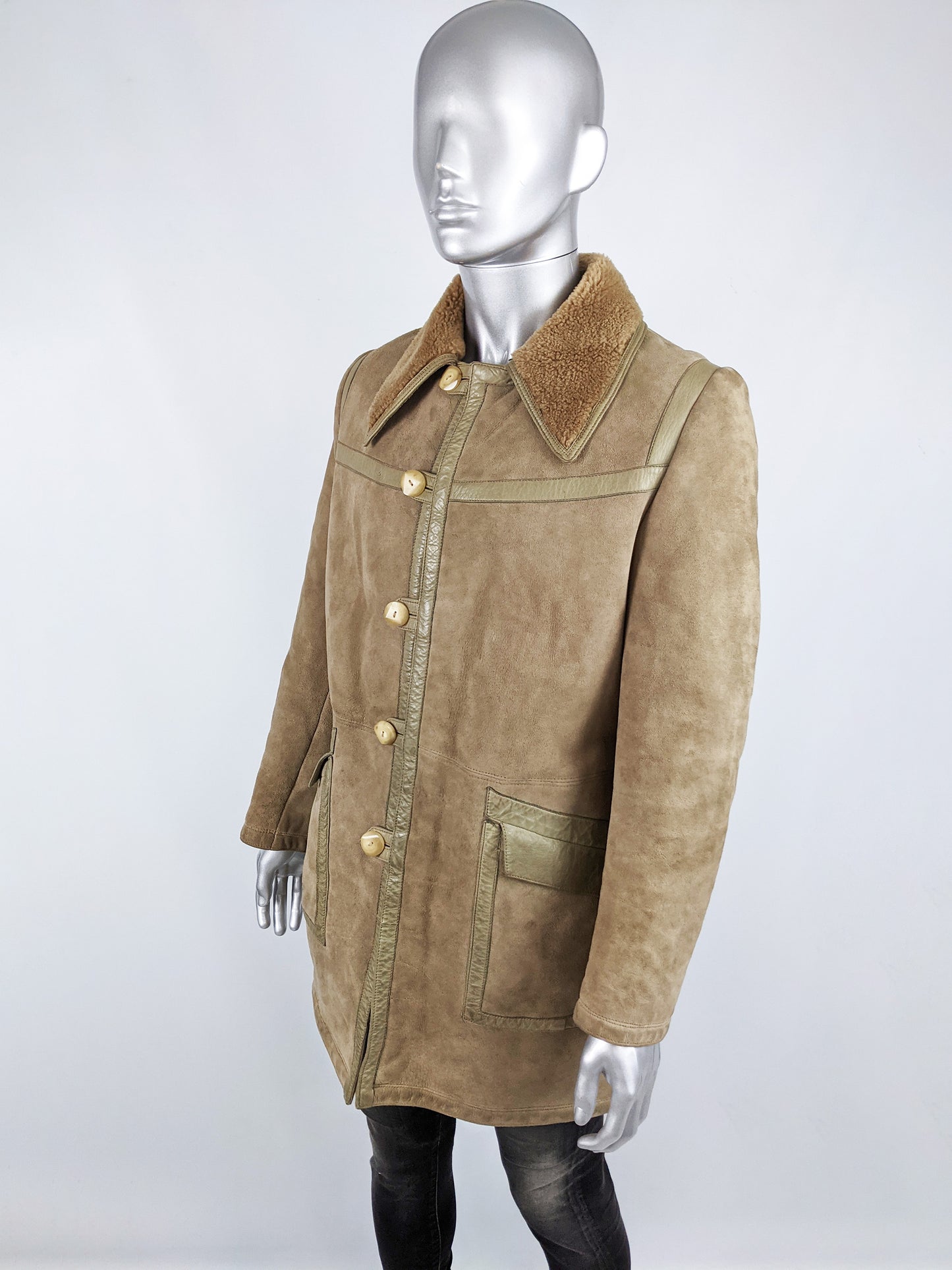 Mens Vintage Leather Trim Sheepskin & Shearling Coat, 1970s