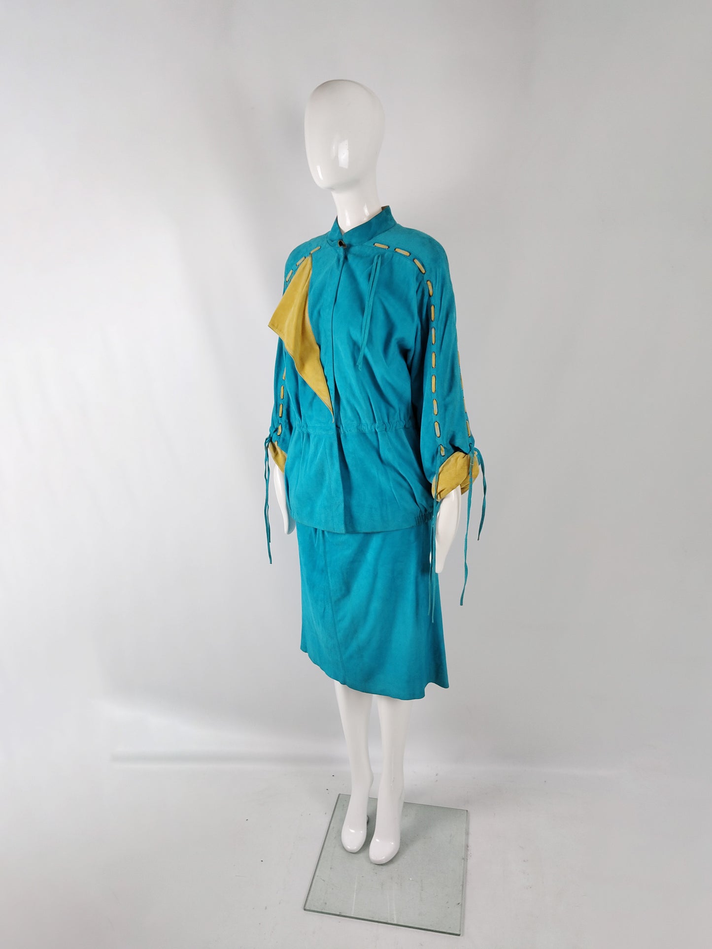 Enrico Coveri Vintage Turquoise Real Suede Skirt Suit, 1980s