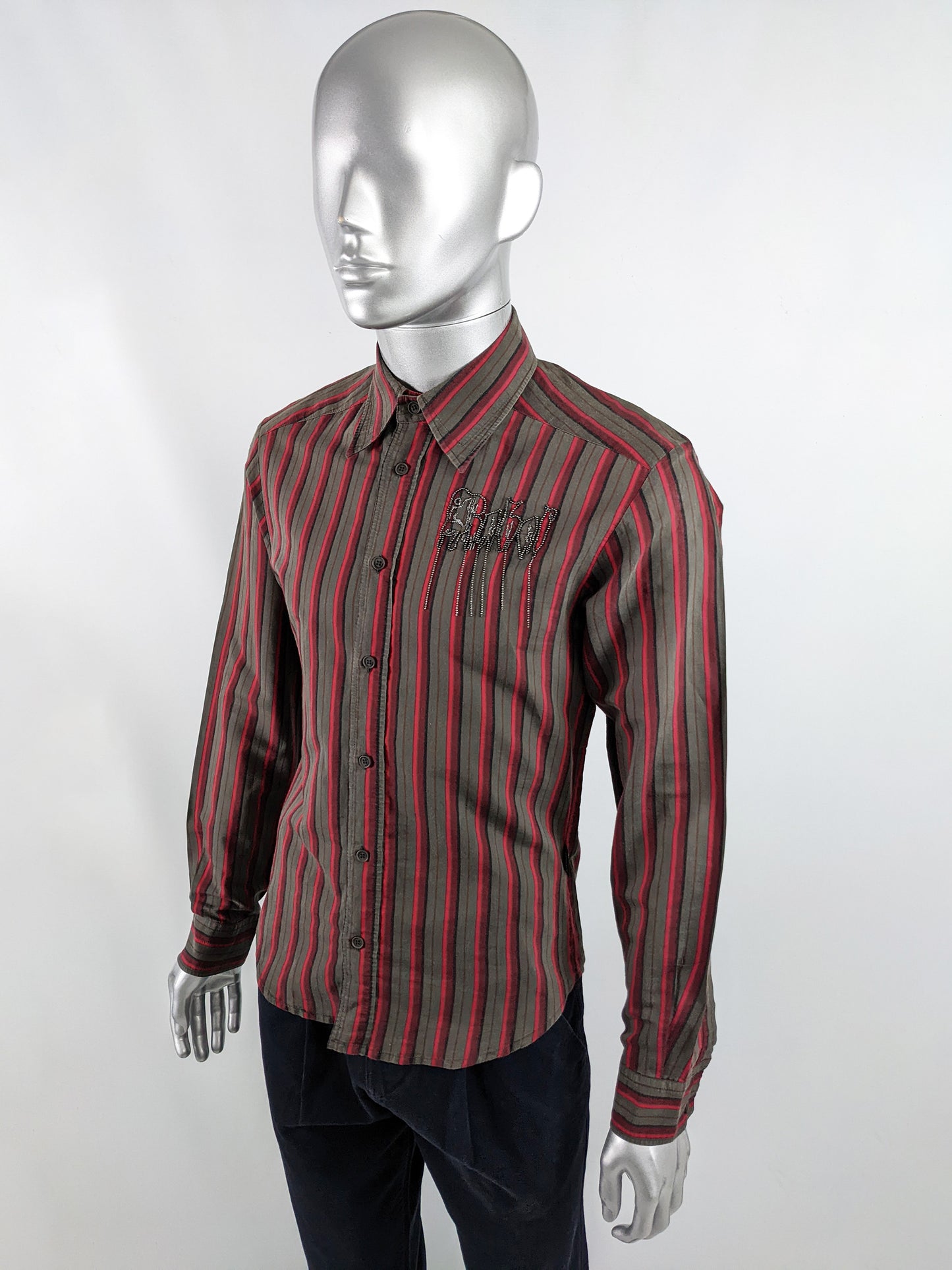 Versace Vintage Mens Red Beaded 'Rebel' Long Sleeve Shirt, 1990s