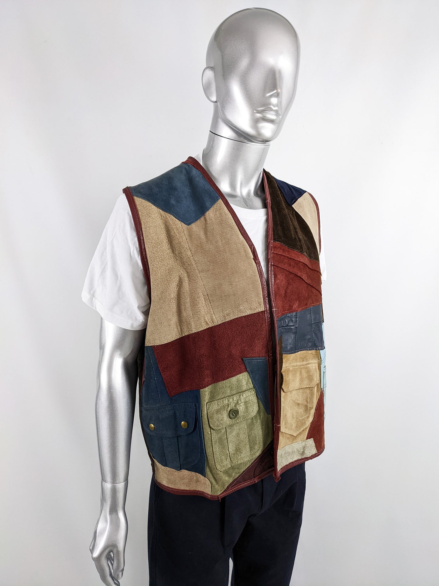 Scrap Scrap Vintage Mens Leather & Suede Patchwork Vest, 1980s