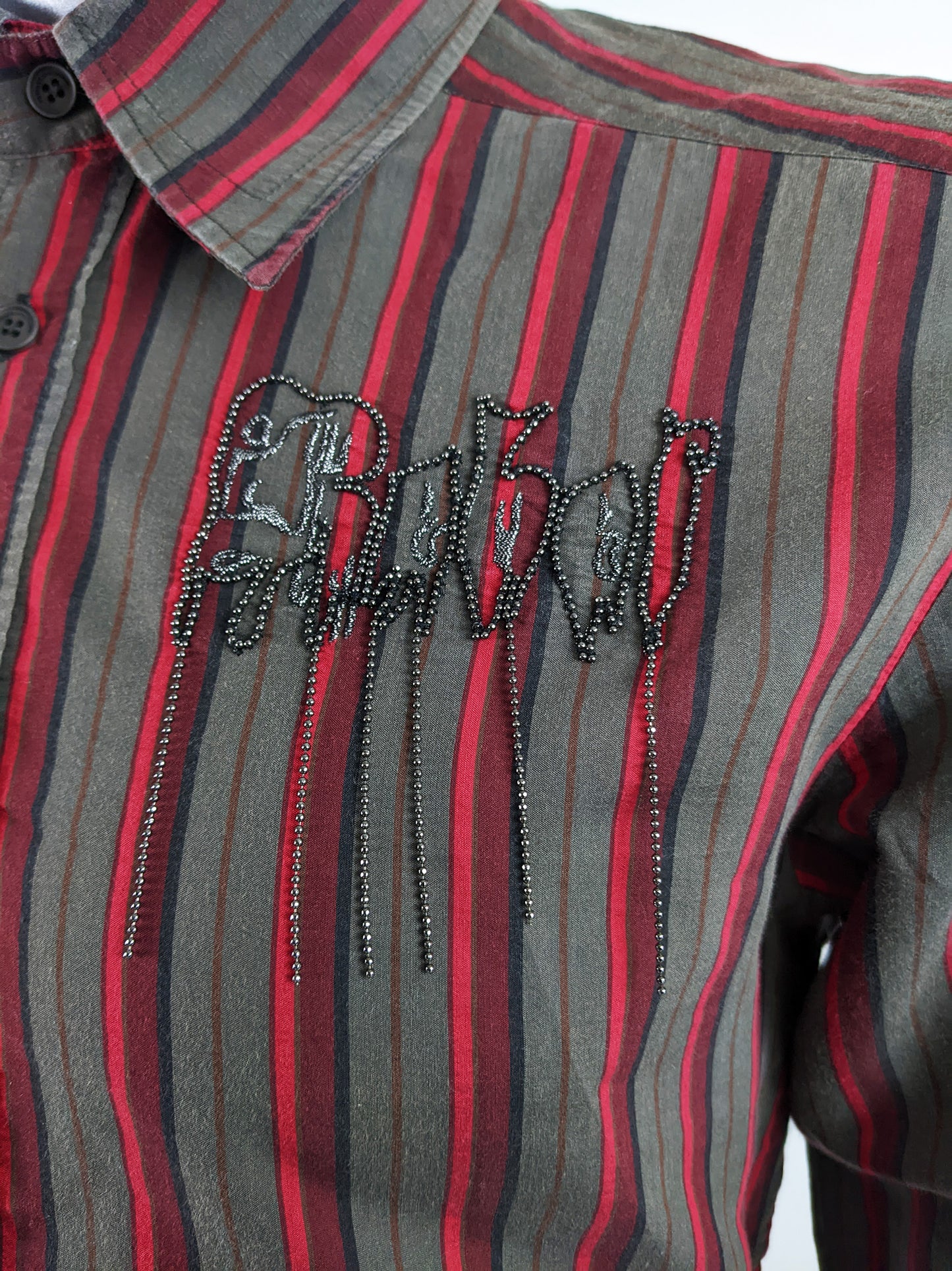 Versace Vintage Mens Red Beaded 'Rebel' Long Sleeve Shirt, 1990s