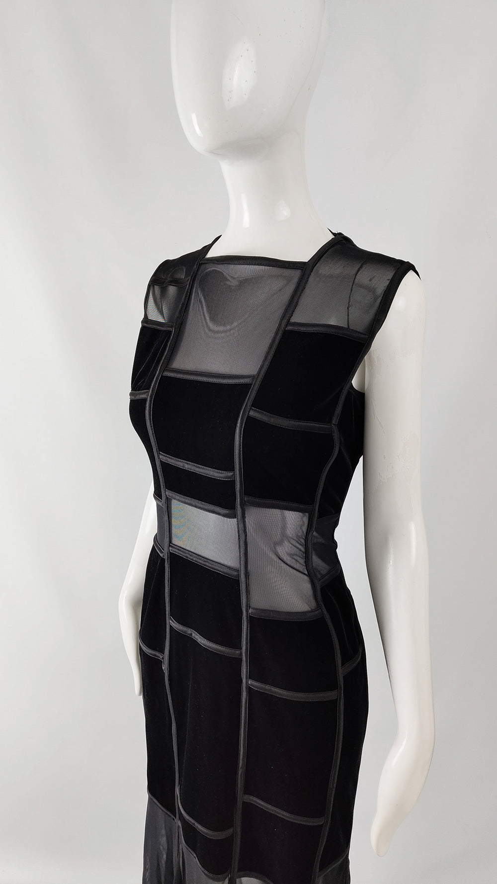 Tadashi Vintage Black Velvet & Sheer Mesh Evening Dress, 1990s
