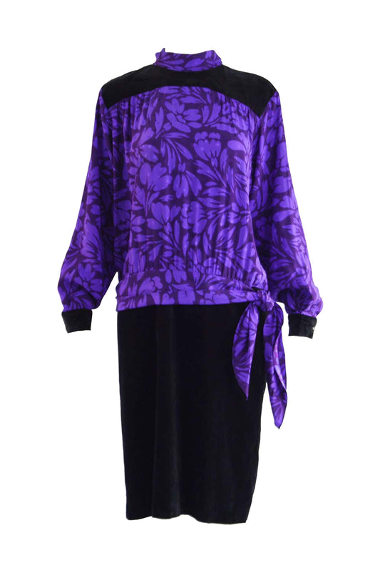 Guy Laroche Vintage Purple Jacquard & Black Velvet Dress, 1980s