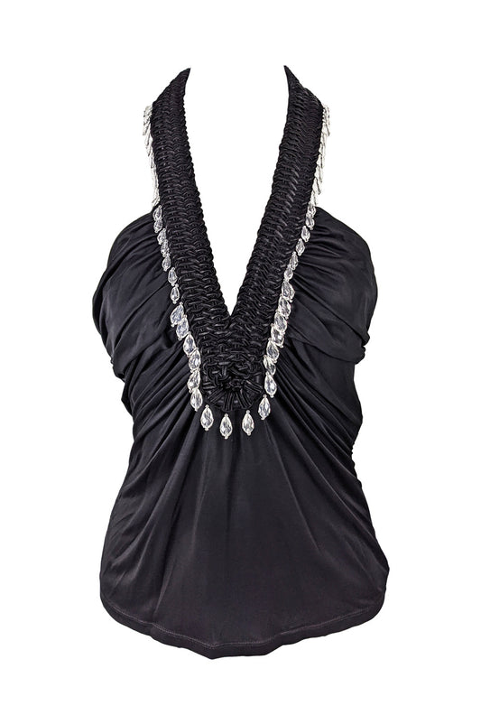 Vintage Black Silky Jersey Beaded Halter Top, S/S 2006