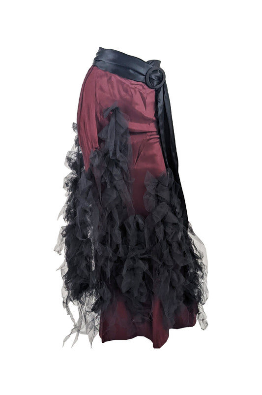 David Fielden Vintage Red Taffeta & Black Tulle Gothic Skirt, 1980s