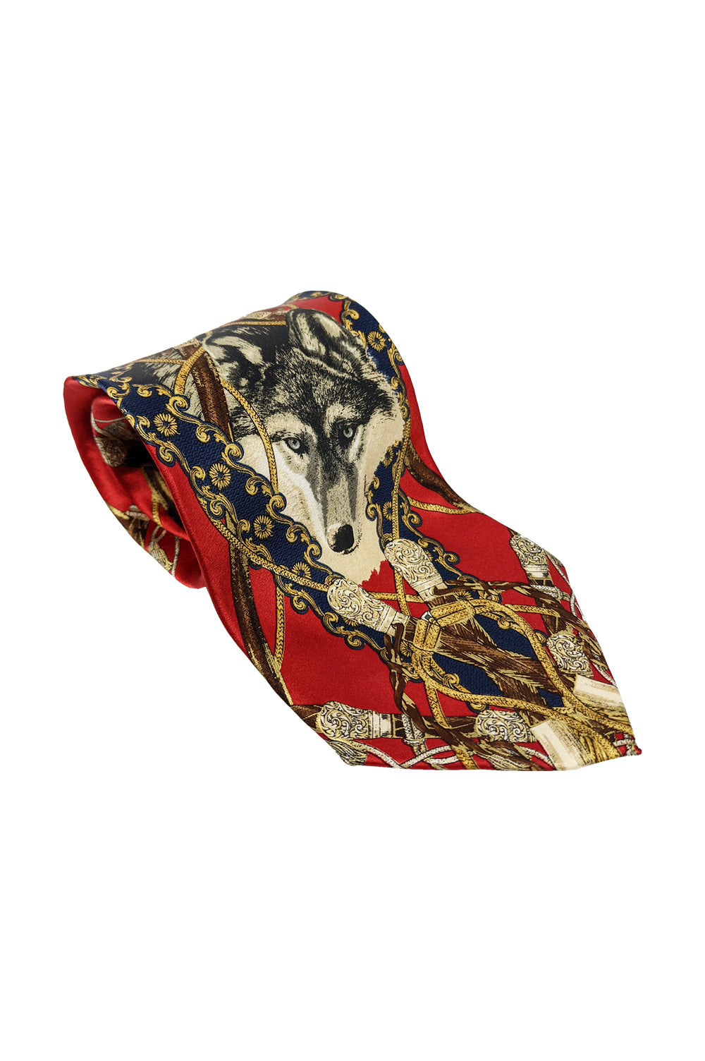 Mens Vintage Red Silk Wolf Print Tie, 1980s