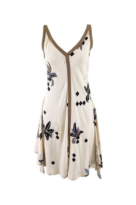 Vintage Cream Silk Geometric Floral Dress, 1980s