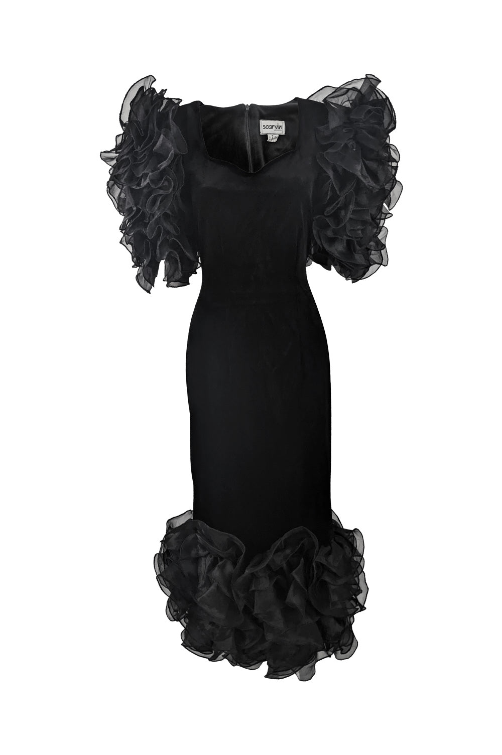 Scarvin Vintage Flamboyant Ruffled Organza & Velour Evening Dress, 1980s