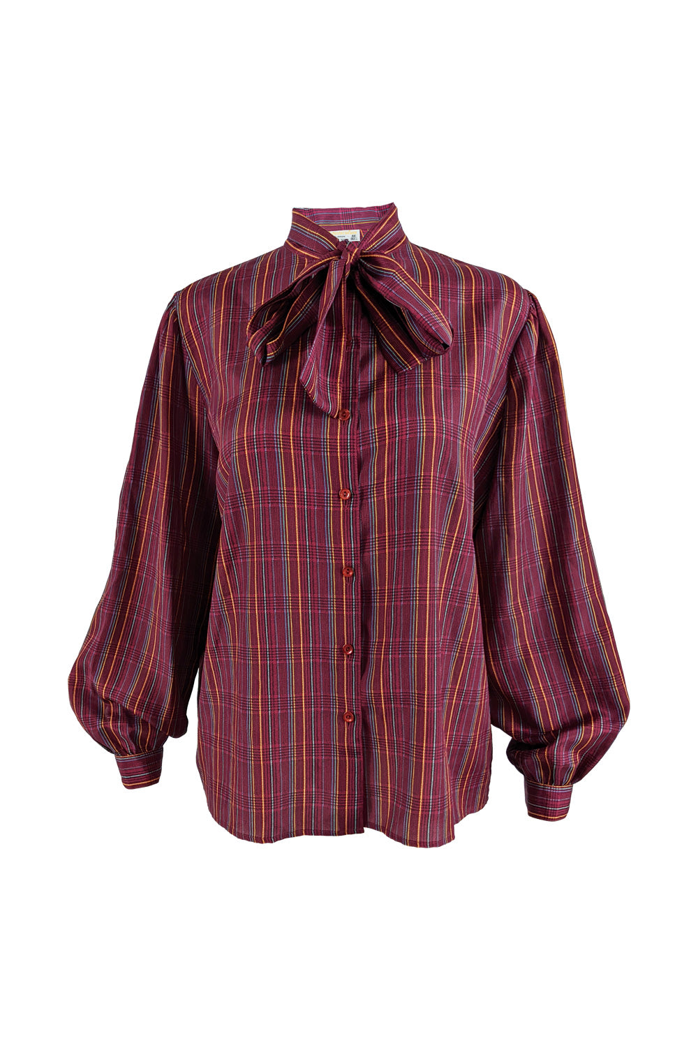 Aquascutum Vintage Dark Pink Checked Pussy Bow Blouse, 1980s