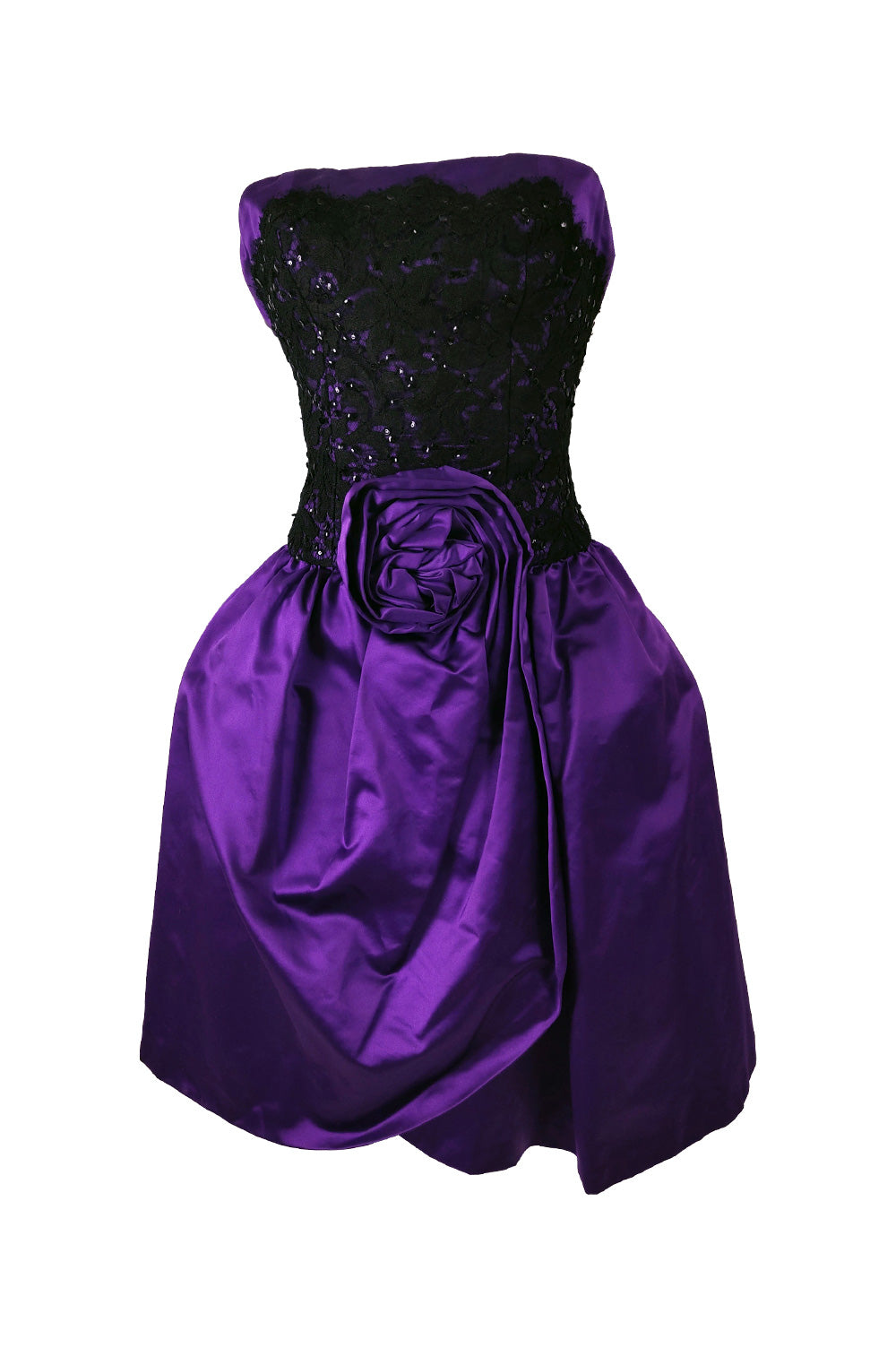 Murray Arbeid Vintage Purple Satin Black Lace Evening Dress, 1980s