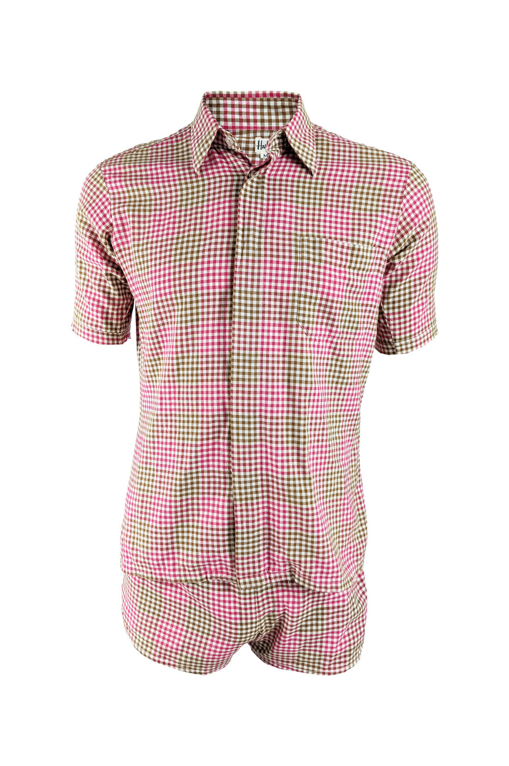Mens Vintage Two Piece Pink Green Gingham Shirt Shorts Set 1960s