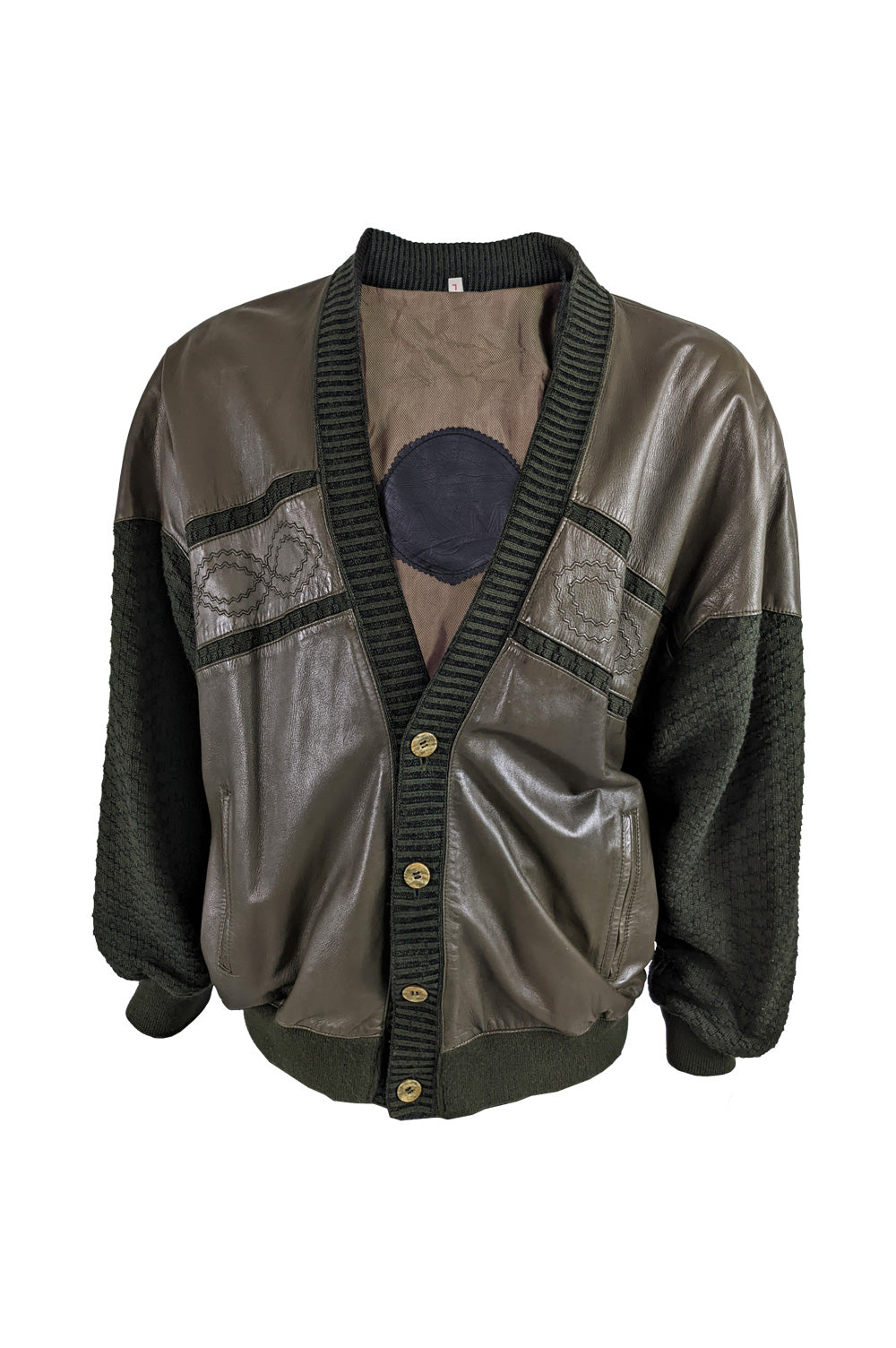 Vintage Mens Green Knit Leather Cardigan Jacket 1980s Zeus Vintage