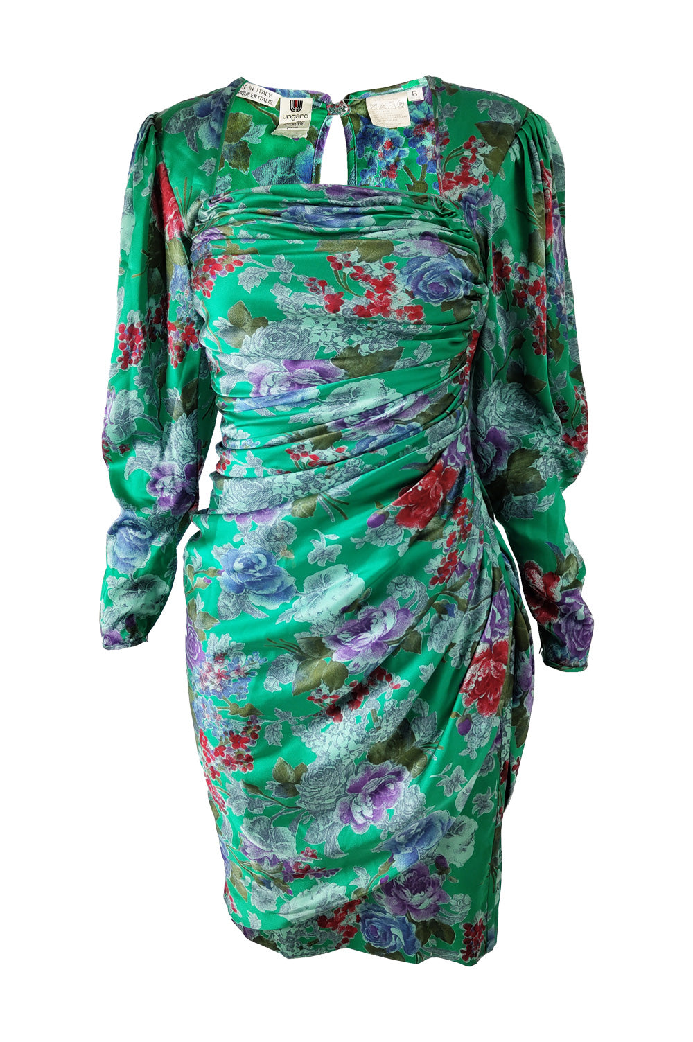 Emanuel Ungaro Vintage Green Silk Satin Ruched Dress, 1980s Emanuel Ungaro Vintage Green Silk Satin Ruched Dress, 1980s