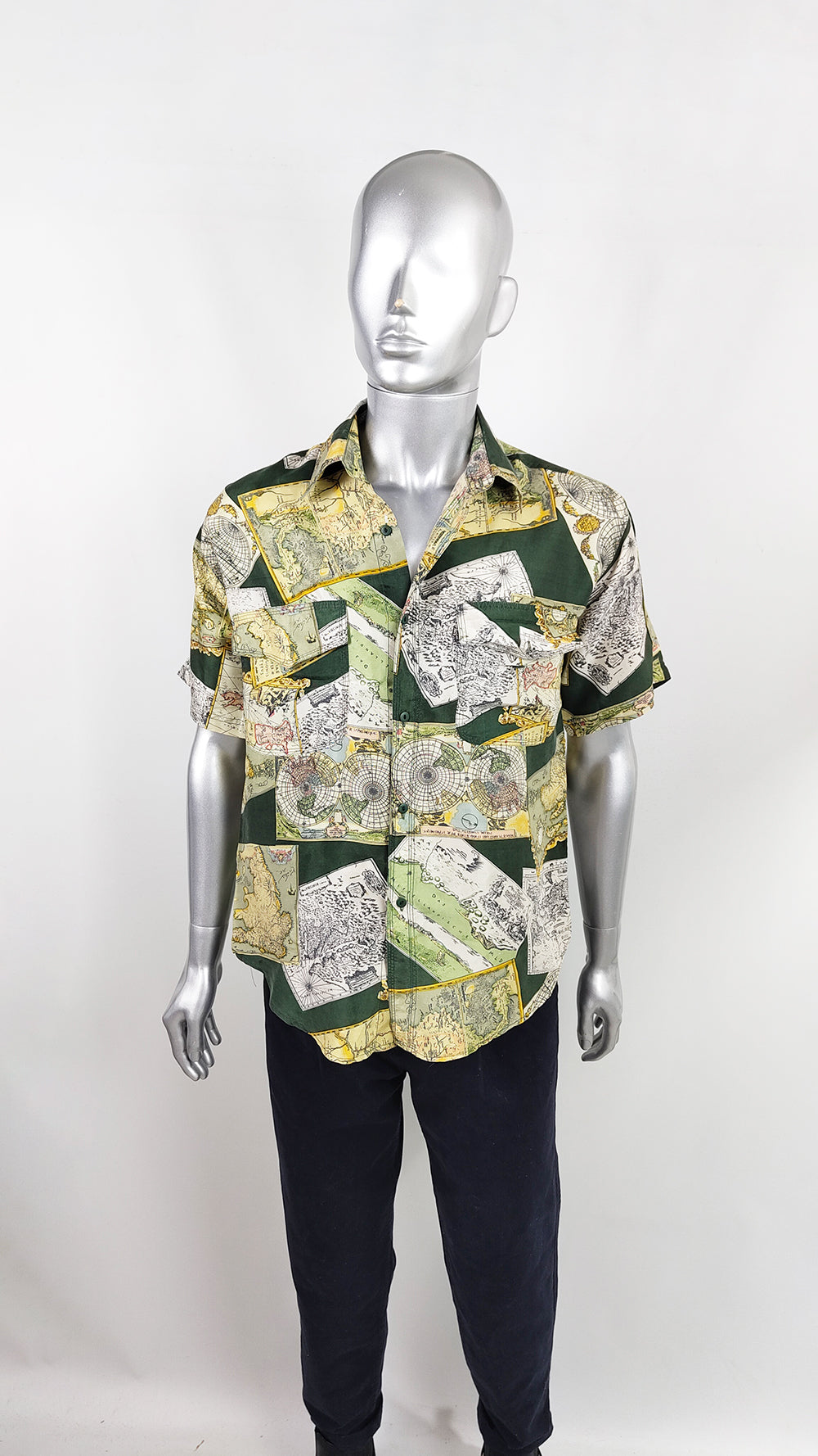 Vintage Mens Green Map Patterned Pure Silk Shirt, 1990s