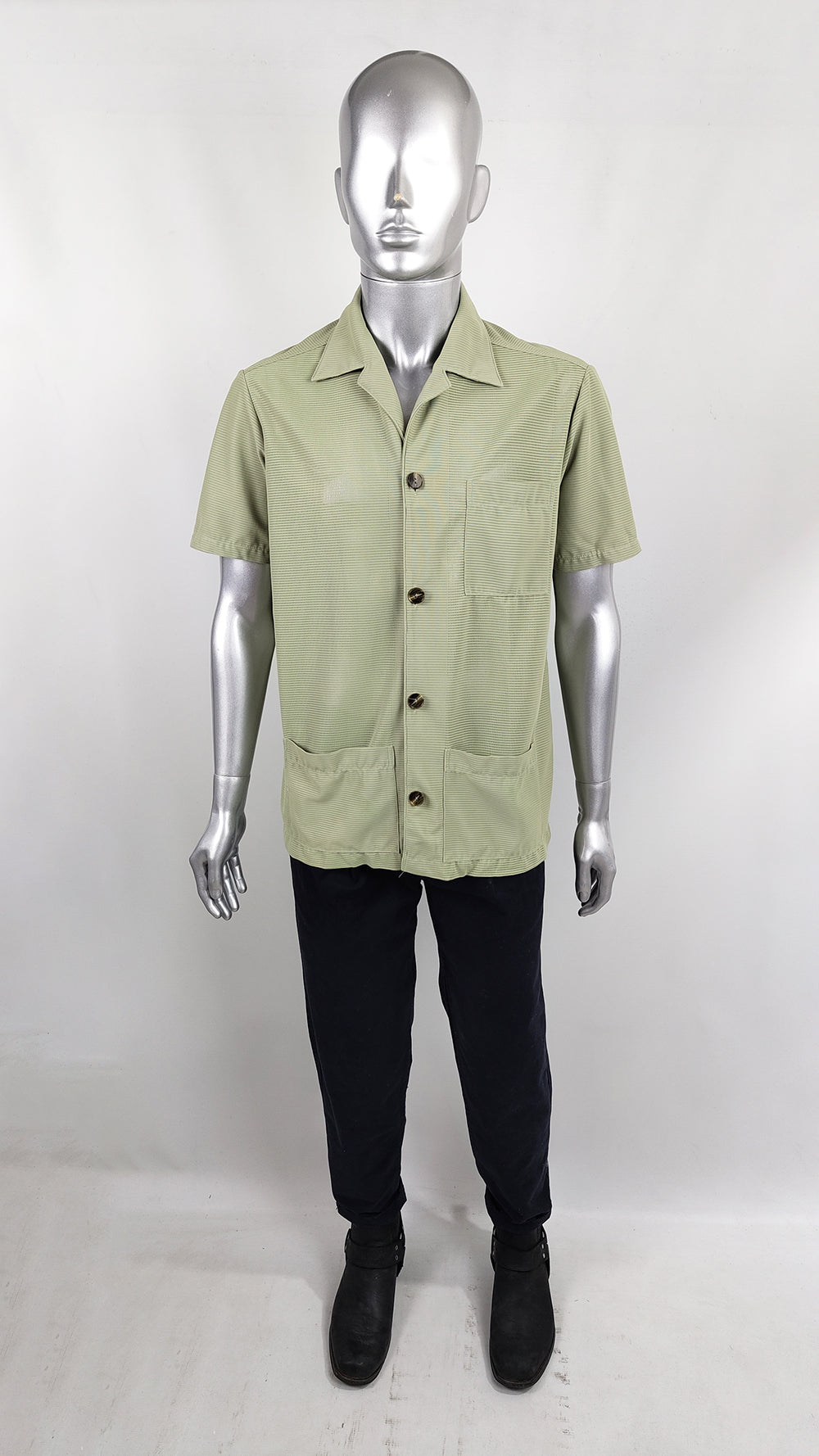 Vintage Mens Green Khaki Mesh Safari Shirt, 1960s
