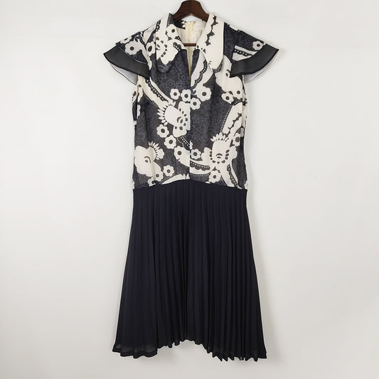 Vintage Black & White Pleated Skirt Beagle Collar Mod Dress, 1970s