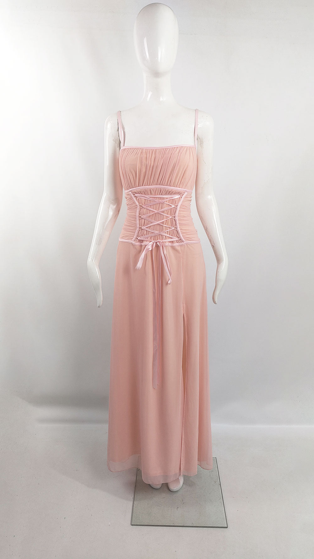 Tadashi Shoji pastel pink mesh vintage corset dress with satin ribbons at the front.