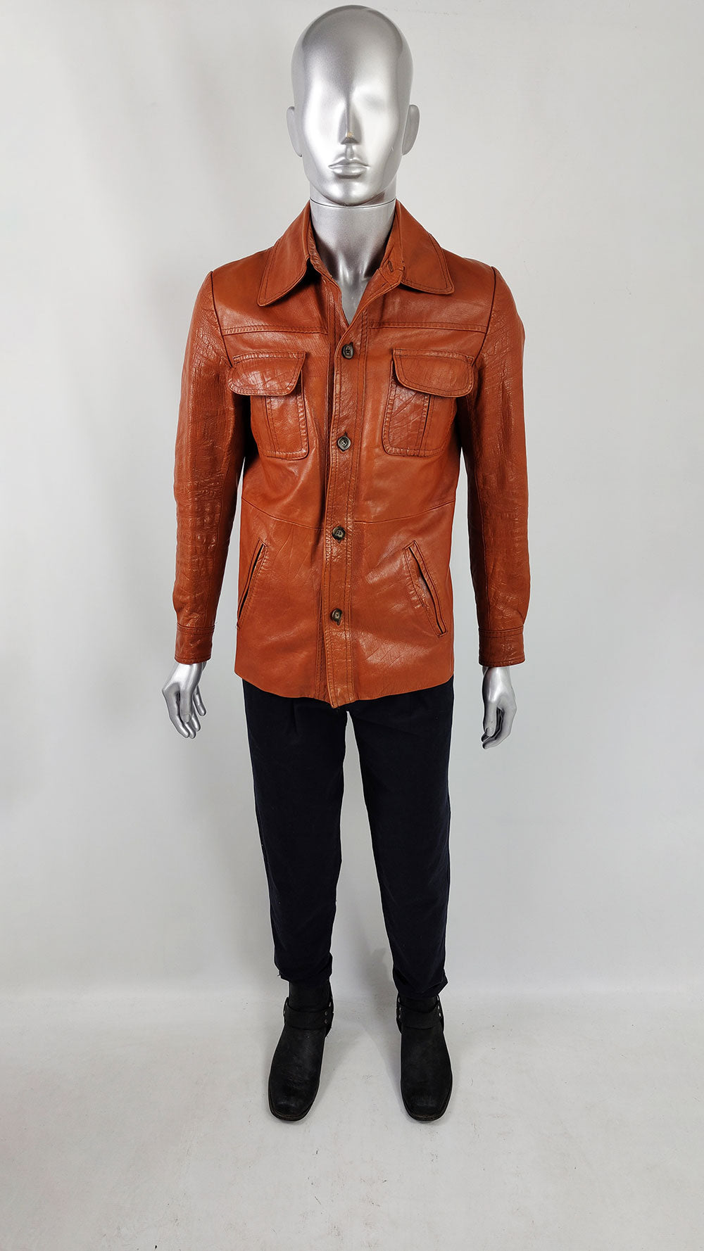 Hepworths Vintage 1970s Mens Burnt Orange Real Leather Jacket
