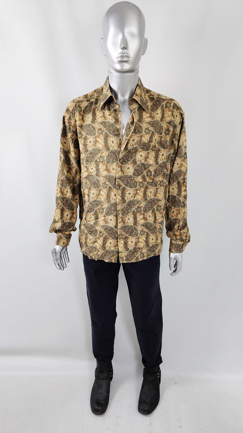 Byblos Vintage Mens Brown & Green Flowy Paisley Shirt, 1980s