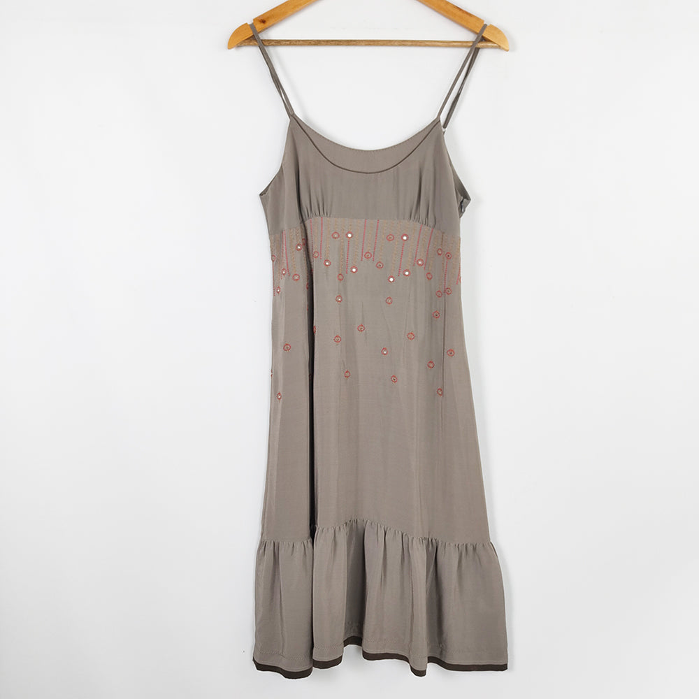 Sandro Paris Vintage y2k Taupe Silk Embroidered Dress, 2000s