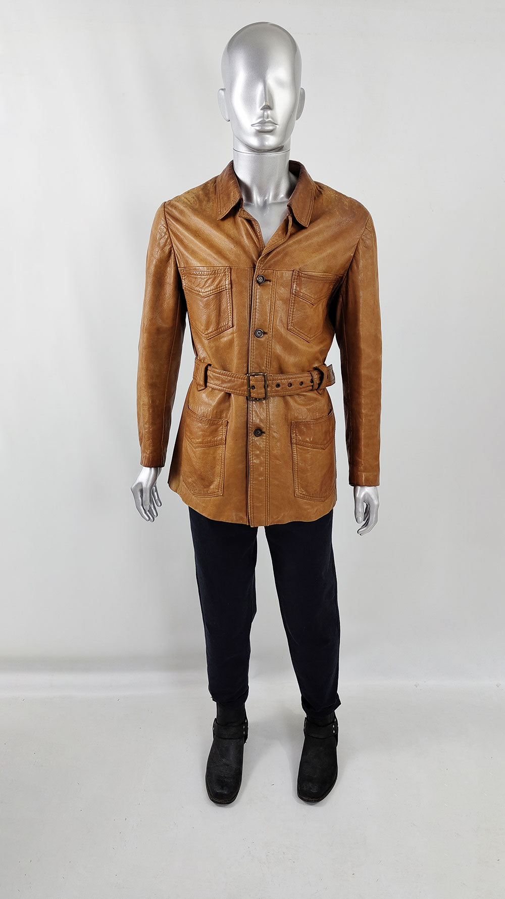  Genuine vintage brown / tan leather jacket with four patch pockets and a matching belt.