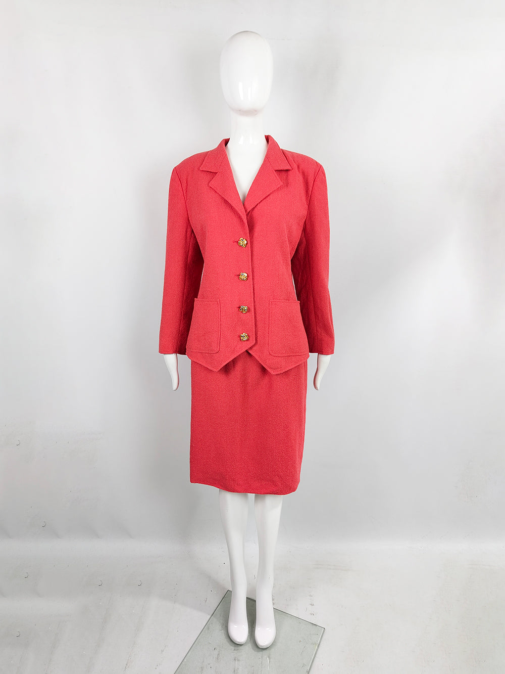 Valentino Vintage Womens Coral Pink Bouclé Tweed Skirt Suit, 1980s