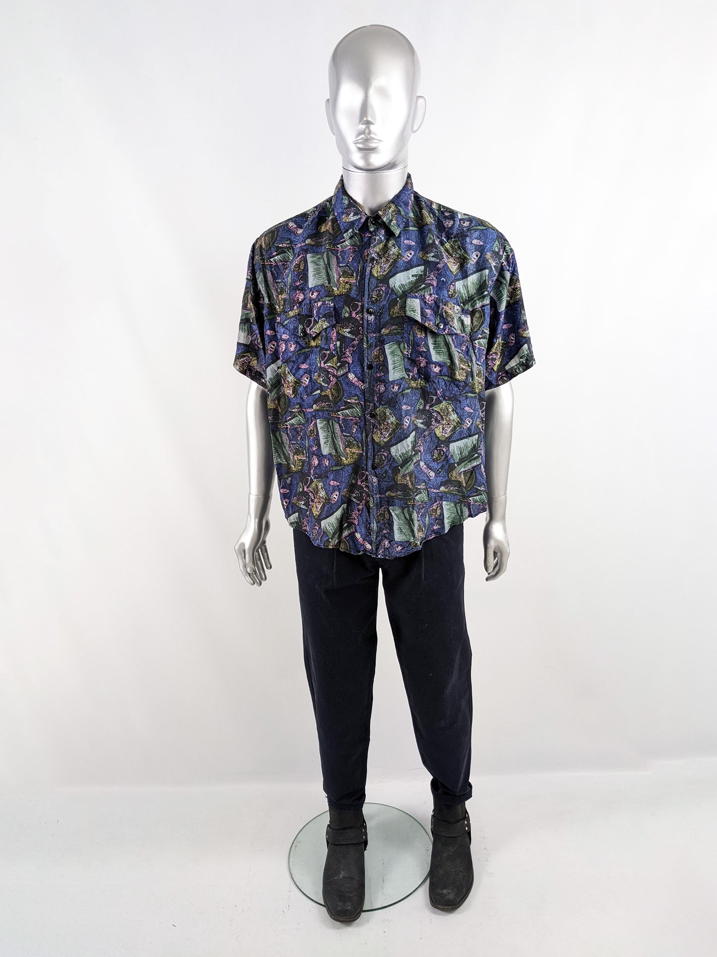 Naf Naf Vintage Men's Navy Blue Pure Silk Short Sleeve Shirt