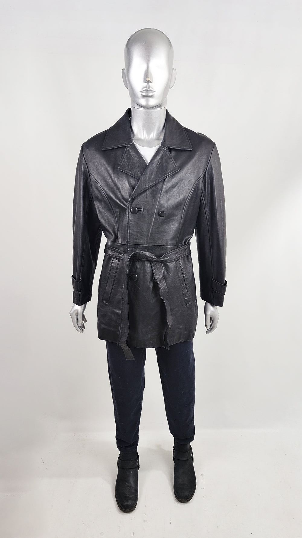 Paolo di Milano Vintage Mens Unisex Black Leather Belted Coat
