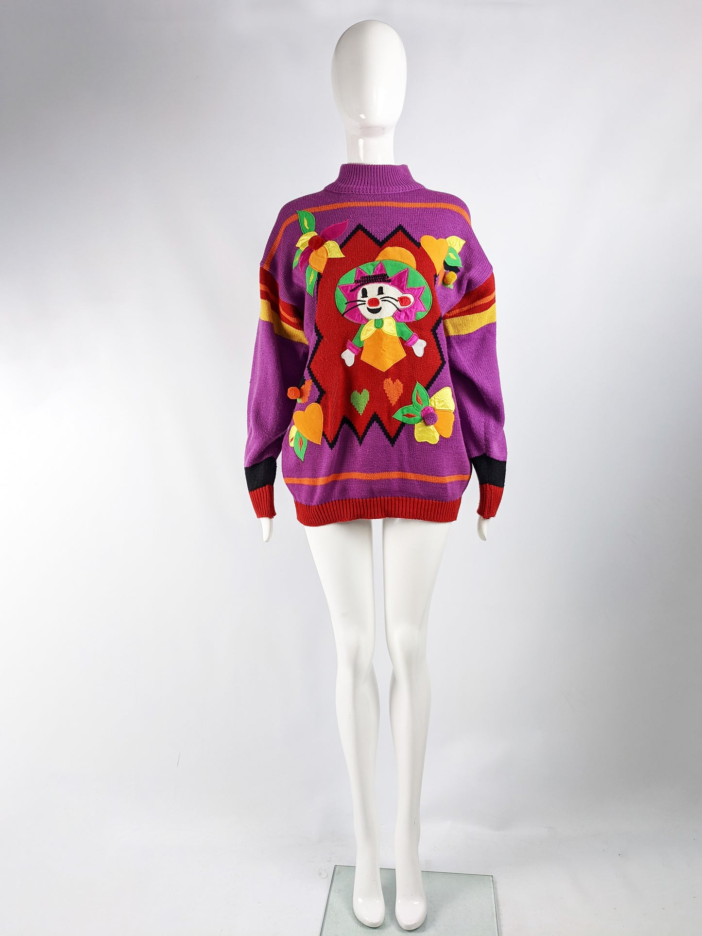 Vintage Womens Purple Mexican Mouse Satin Appliqué Sweater, 1980s